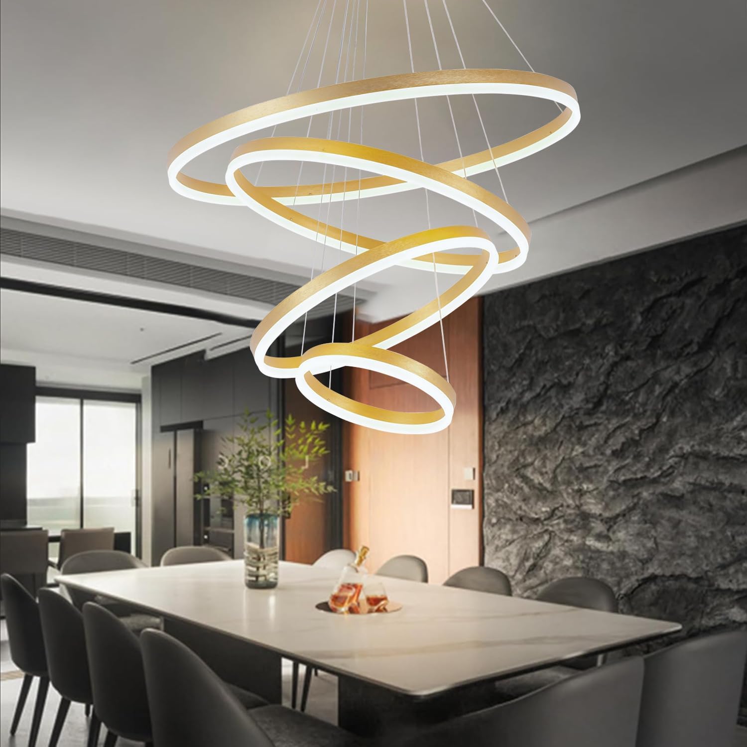 Modern Led Pendant Light, 4 Ring Circular Chandelier - Dimmable Hanging Led Pendant Lighting for Living Room, Dining Room, Kitchen Island, Foyer, Office - D31.5", 3000-6000K Gold