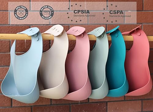 Miniatura 7 de Ginbear Baberos de silicona para bebés, baberos de alimentación impermeables con bolsillo para atrapar alimentos, baberos de silicona ajustables