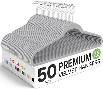HOUSE DAY Premium Velvet Hangers 50 Pack Grey, Non-Slip Flocked Felt Hangers, Sturdy Clothes Hanger with 360 Rotatable Hook, Heavy Duty Durable Slim Coat Hanger for Closet Space Saving