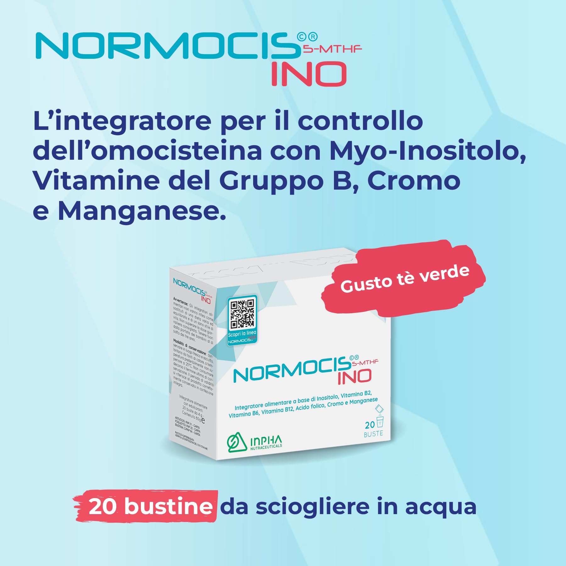 NORMOCIS INO©® metabolismo Omocisteina – PCOS- con Acido Folico, Vitamine B12,Myo-Inositolo, Cromo e Manganese -Integratore Senza Glutine Naturalmente privo di Lattosio • GUSTO TE’ VERDE • 20 BUSTINE