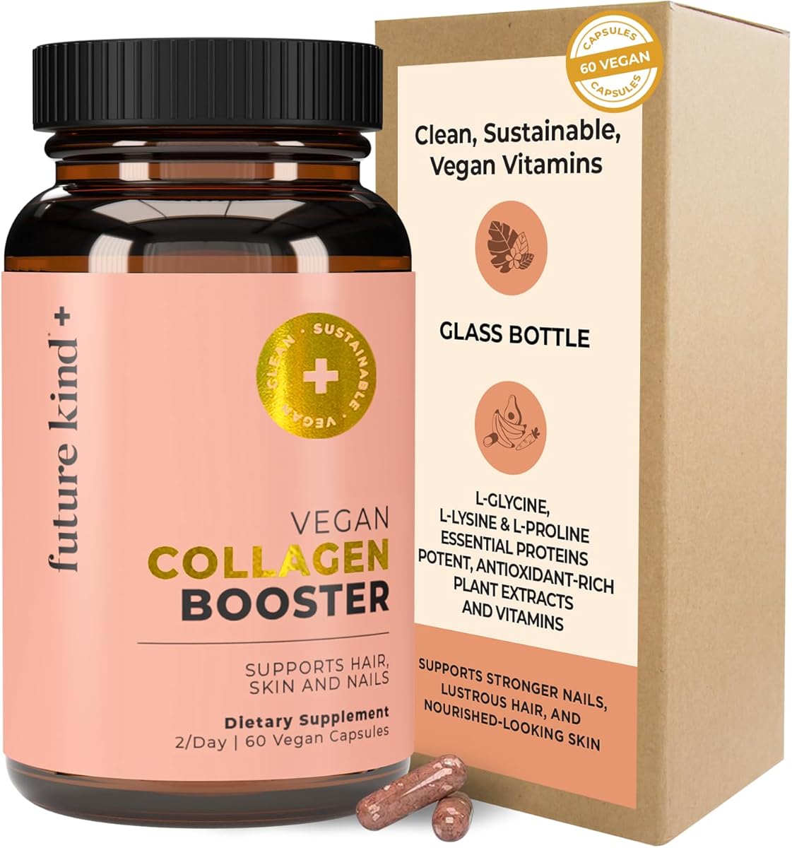 Future Kind Future Kind Vegan Collagen - Supports Collagen Production with Biotin and Vitamin C (60 Capsules in Glass Bottle)