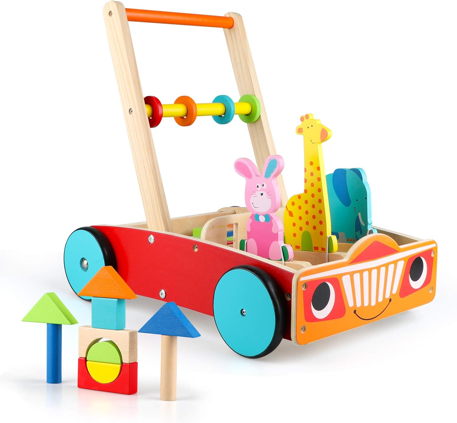Joqutoys Sit-to-Stand Learning Walker, 4 in 1 Baby Push Walker, Wooden Activity Center Toys with Stacking Blocks Bead Maze Animal Blocks, Educational Toys Gifts for Boys Girls 1+