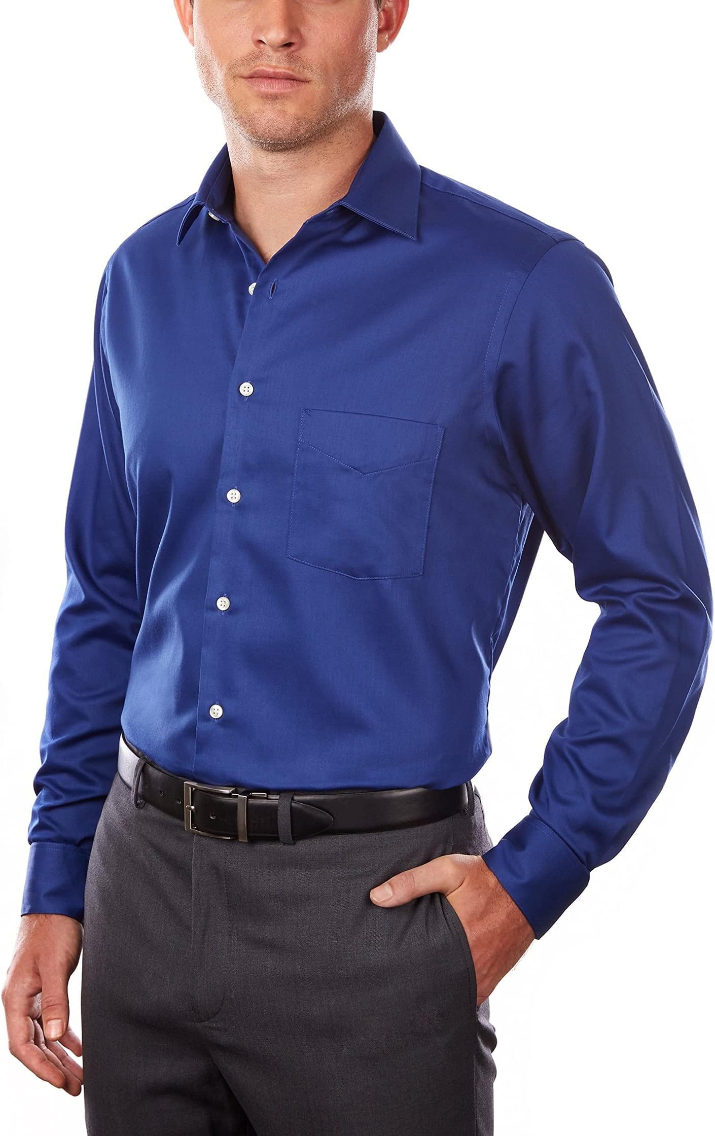 Men's Dress Shirts Regular Fit Lux Sateen Stretch Solid, Blue Velvet, 16.5" Neck 34"-35" Sleeve