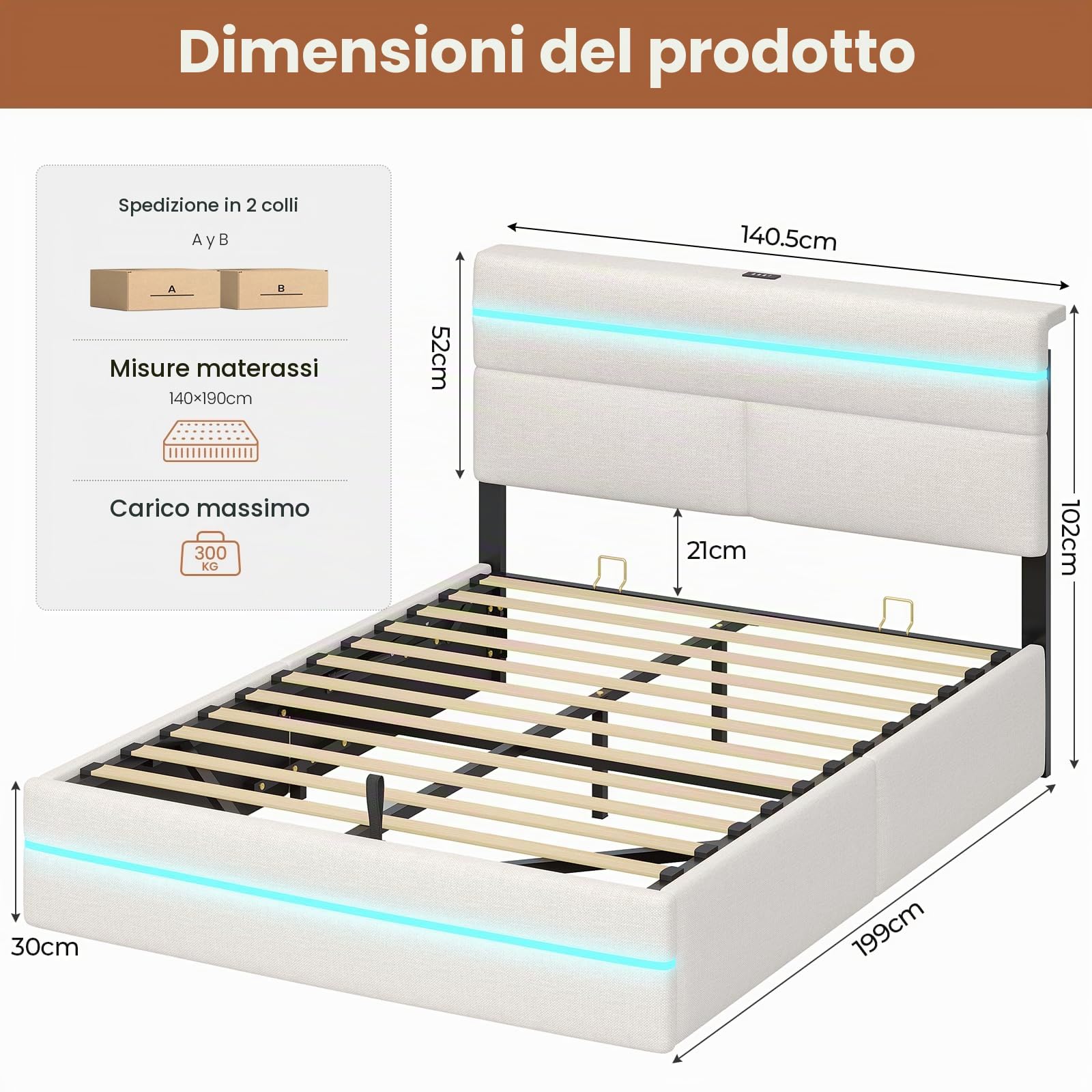 AOGLLATI Letto Matrimoniale 140x190 con Contenitore, Letto Imbottito Beige