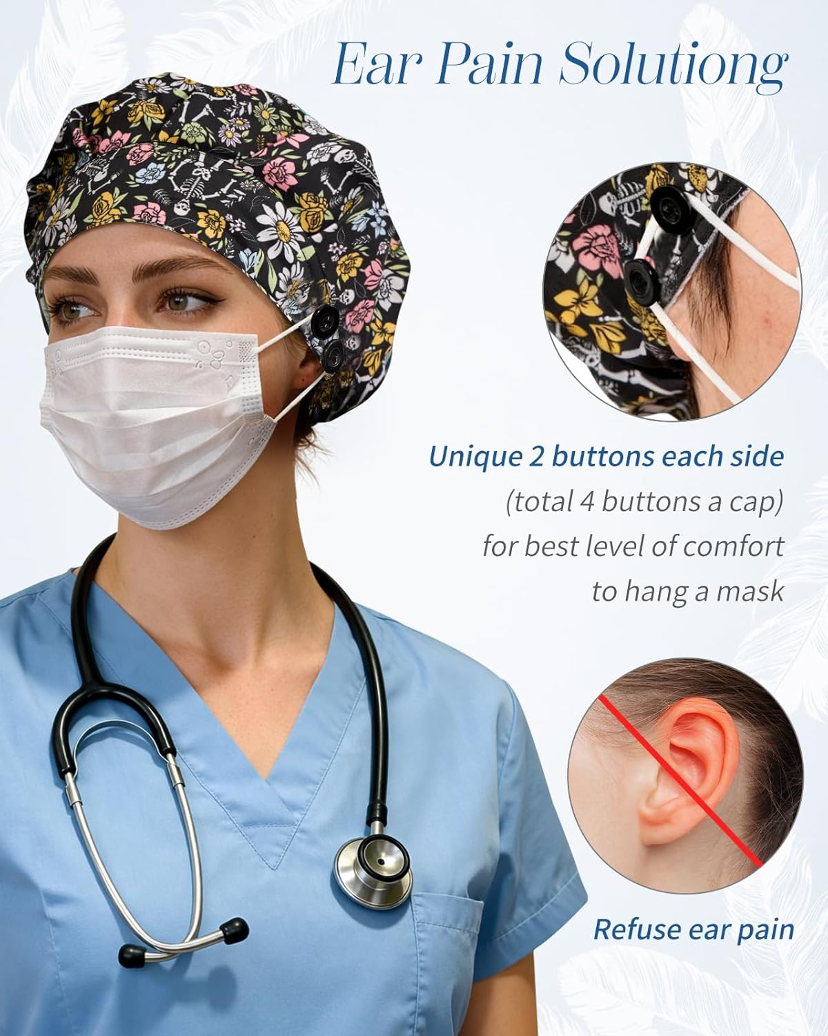 Plifal Satin Lined Bouffant Scrub Cap with Buttons-Adjustable 100% Cotton Nurse Hat with Sweatband and 2 Scrunchies - Image 4