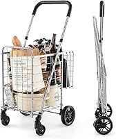 Vista 9 de Goplus Carrito Plegable de Compras de Utilidad, Cesta Doble y Ruedas Giratorias de 360°, Mango Ajustable, Carrito Pequeño Perfecto para Comestibles