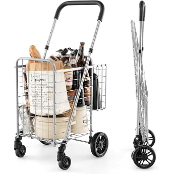 GYMAX Folding Shopping Trolley Load Capacity up to 20 kg Portable Shopping Trolley with Double Basket 48L + 10L Lightweight Hand Trolley with Adjustable Handle for Laundry Books & Tools Silver