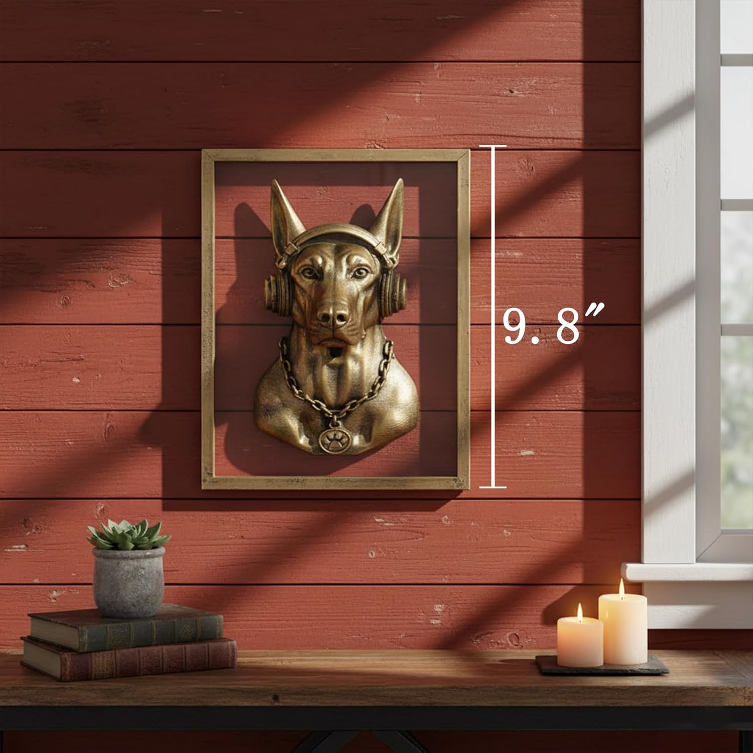 JJALIGHTS Animal Heads Wall Decor Doberman Resin Animals Sculptures Dobie Head Wall Hanging Decoration Imitation Copper vintage Wall Sculpture for Living Room Bedroom Office