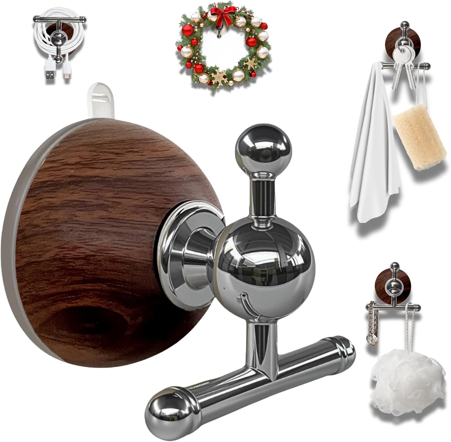 T-Bar Suction Cup Hooks for Shower - Suction Cup Wreath Hanger for Front Door, Reusable, Multifunctional Hooks for Bathroom Window Door Glass Kitchen (Walnut, 1-Pack) Walnut 1 Pack