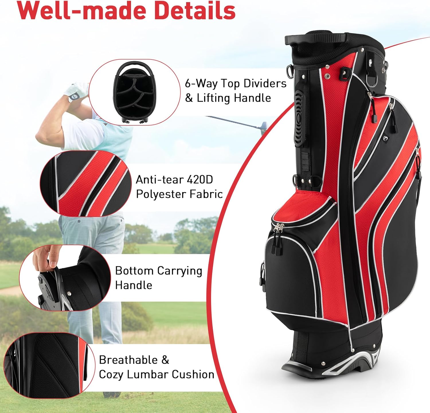 Goplus Golf Stand Bag, Lightweight Golf Club Bag with 6 Way Top Dividers, 8 Pockets, Cooler Bag, Rain Hood, Dual Shoulder Strap, Umbrella Holder, Portable Golf Bag with Stand for Women Men
