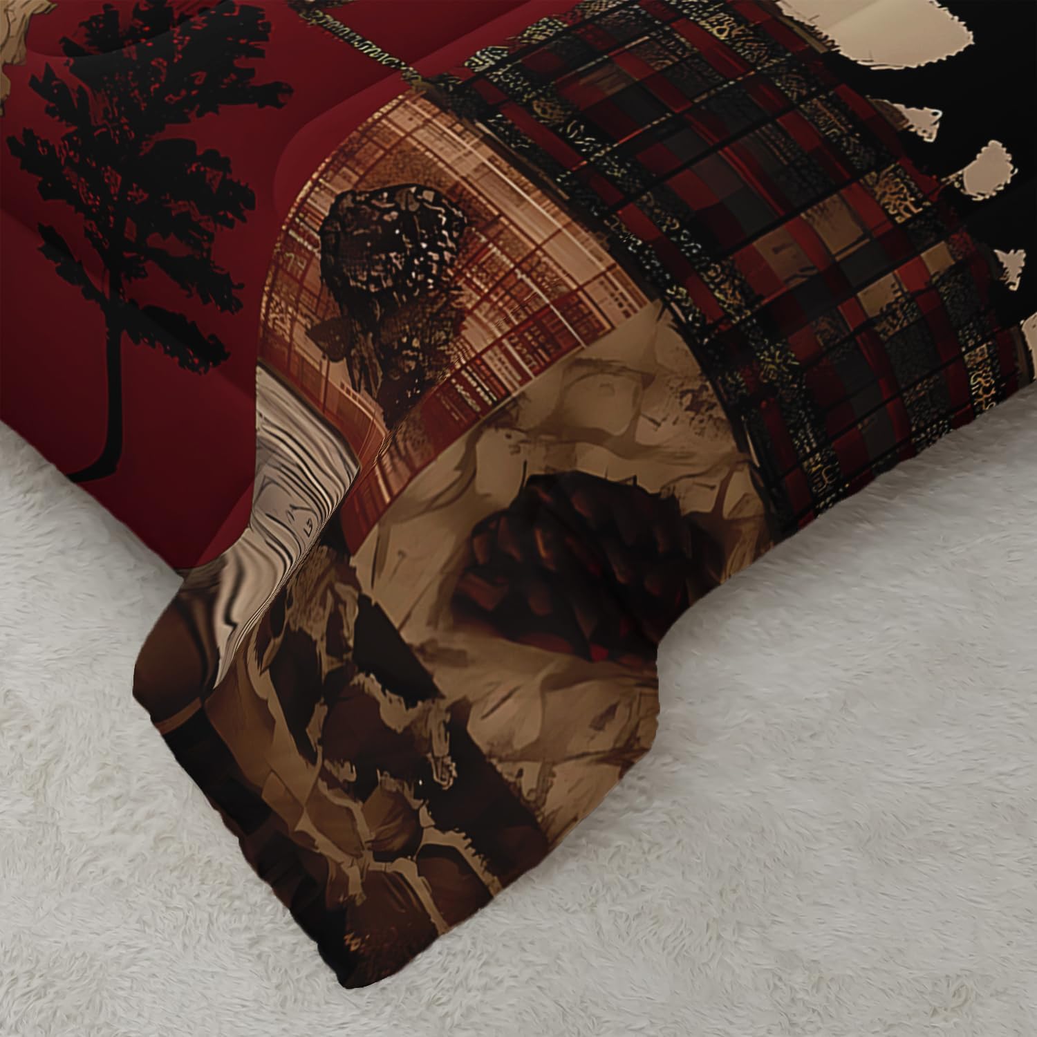 Western Rustic Bears Wild Hunt Animal Comforter 3Pcs Queen Natural Forest Black Bear Nut Bedding Set for Kid Teen Boy Girl Adult Retro Flower Grid Quilt Bed Decor with 1 Comforter+2 Pillowcases