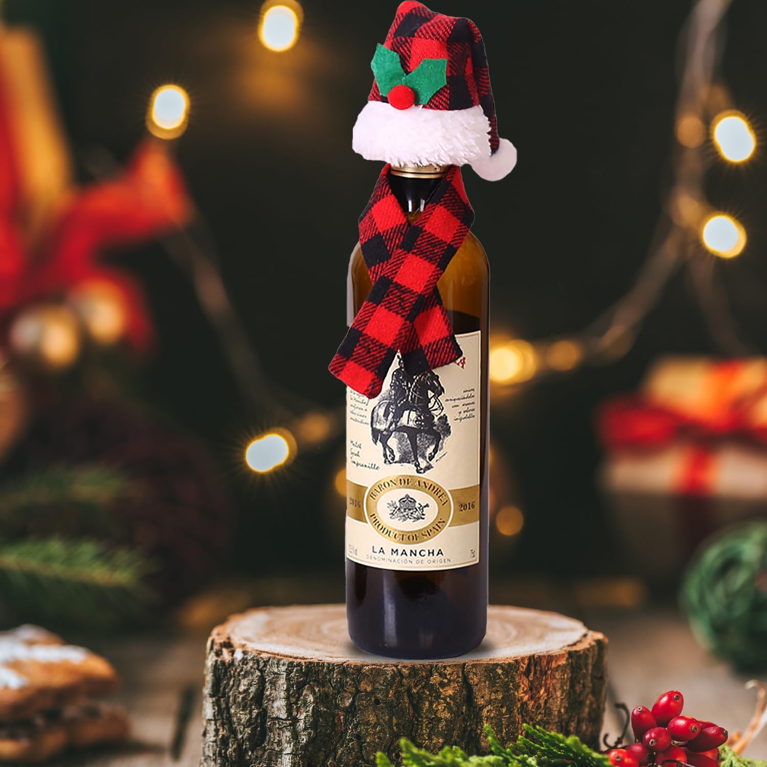 12 Pieces Christmas Wine Bottle Cover Set Red Black Buffalo Plaid Mini Xmas Santa Hat Scarf for Christmas Wine Bottle Party Table Decorations