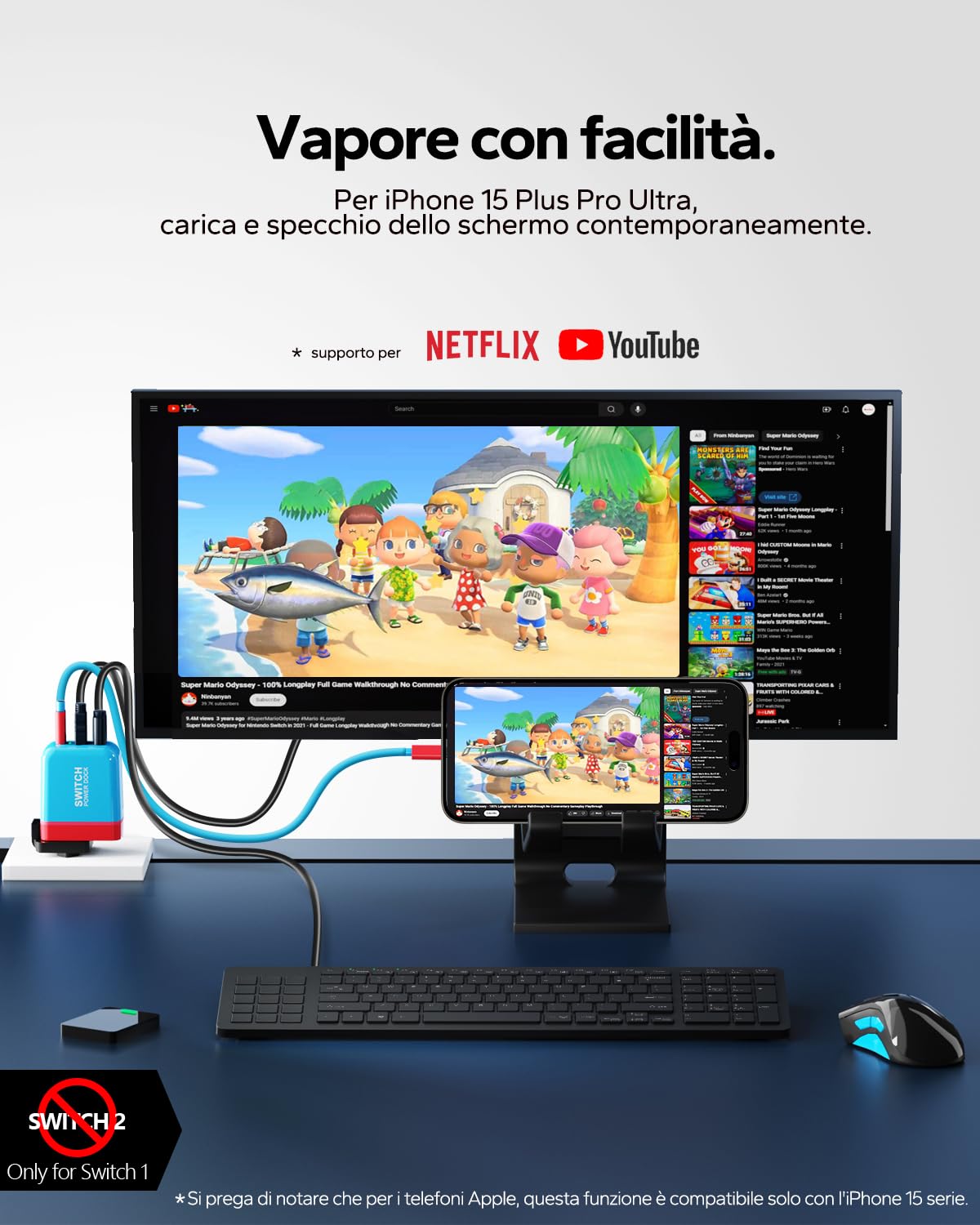 TreasLin Switch Dock, PD 36W Caricatore USB Ricarica Rapida per Switch-OLED TV Dock Station per Switch 4K 60Hz HD Dock portatile Caricatore Adattatori Switch Accessori, Rosso e blu