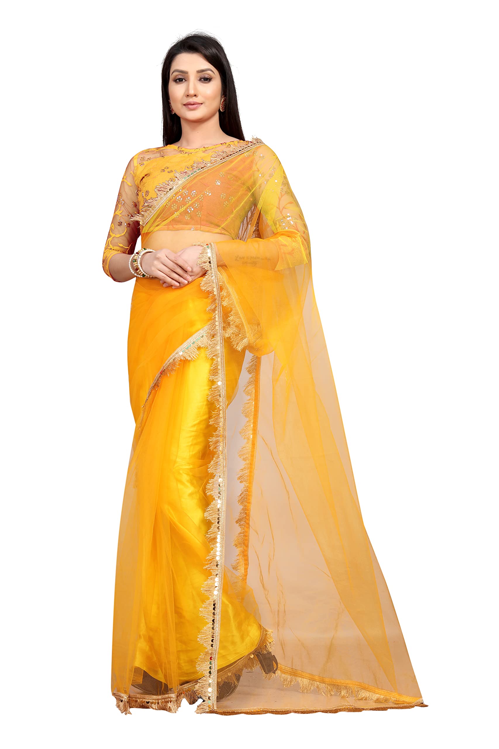 BARKIYA CREATION Women's Net Saree With Unstiched Blouse Piece
