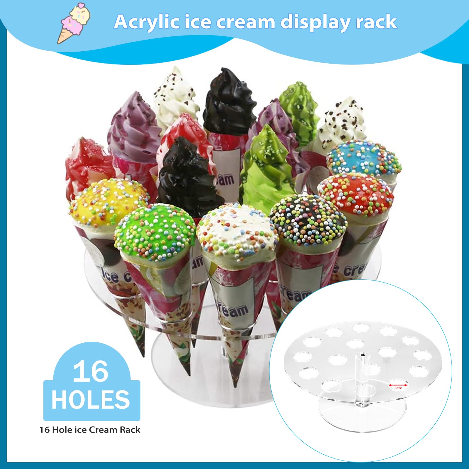 Acrilico gelato con supporto 16 Fori Acrilico Supporto per Porta Gelato Trasparente Portarotolo per Sushi per Bambini Feste di Compleanno Decorativo