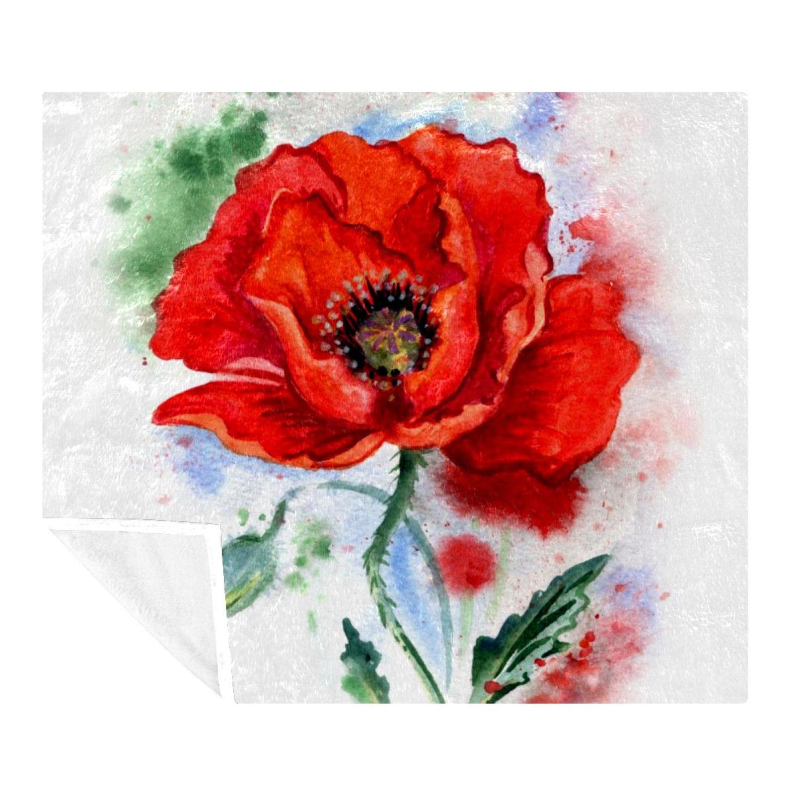 Couverture polaire de literie artistique avec motif fleurs de coquelicot rouge