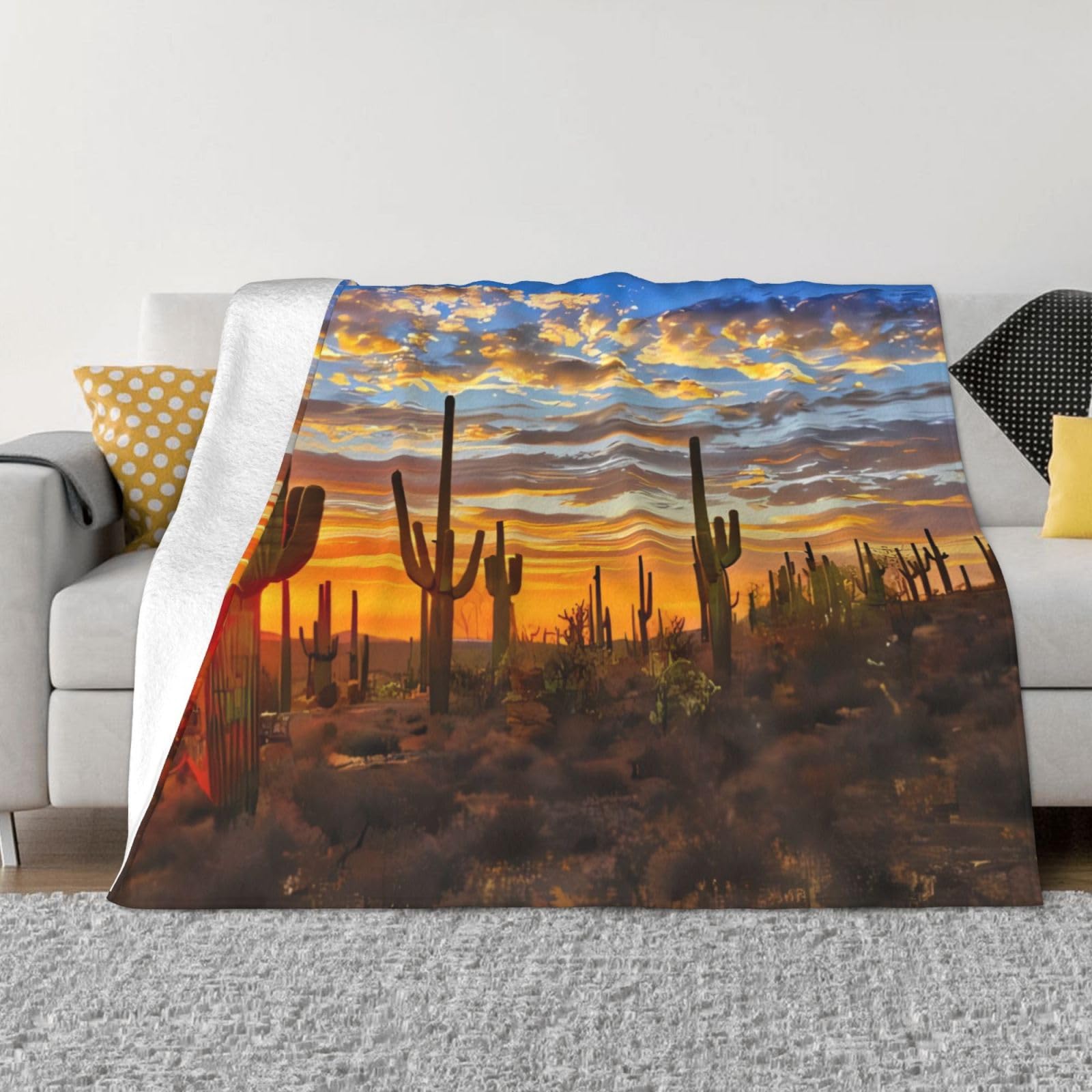Couverture en flanelle ultra douce avec motif cactus du desert pour lit et canape de salon