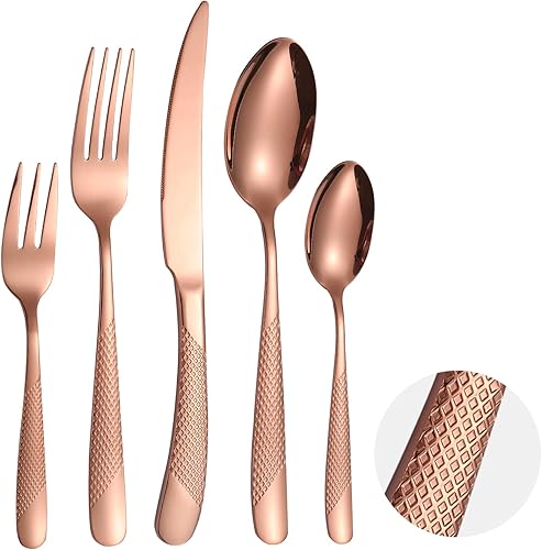 A HOUSEWARE Hammered Flatware Set Copper Silverware 20 Piece Stainless Steel Service for 4 Forks Knives Spoons Heavy Duty Thickened Handle with