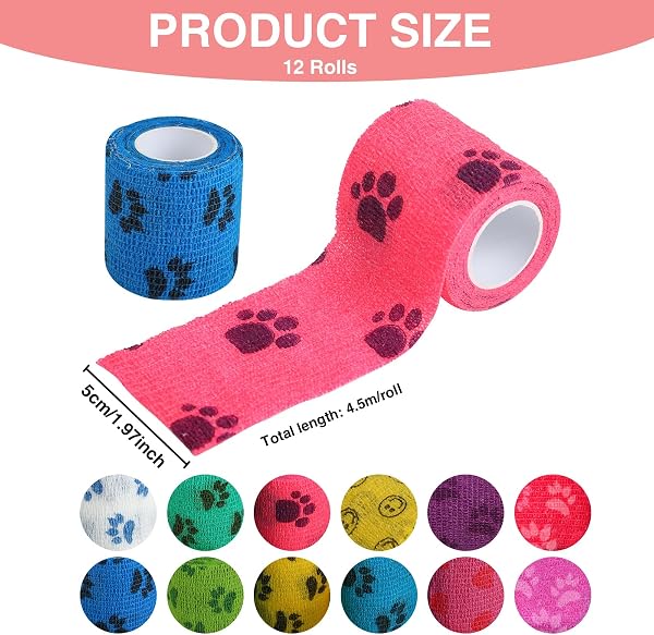 12 pezzi benda elastica autoadesiva, bende elastiche per bendaggi, benda elastica coesiva per cani, cavalli e altri animali – perfetta per proteggere articolazioni, caviglie e polsi, 5 cm x 4,5 m - 2