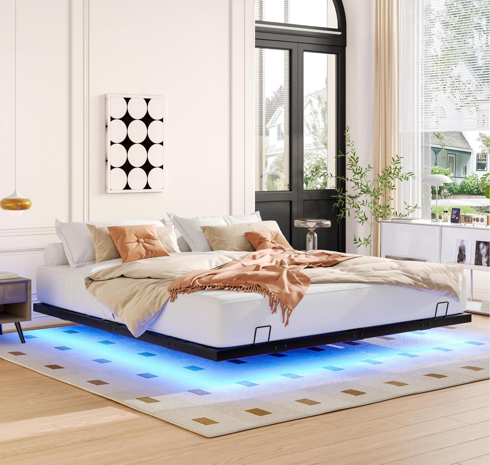 Low Profile Floating Bed Frame King Size Without Headboard Minimalist Style Metal Platform Bed with LED Lights and