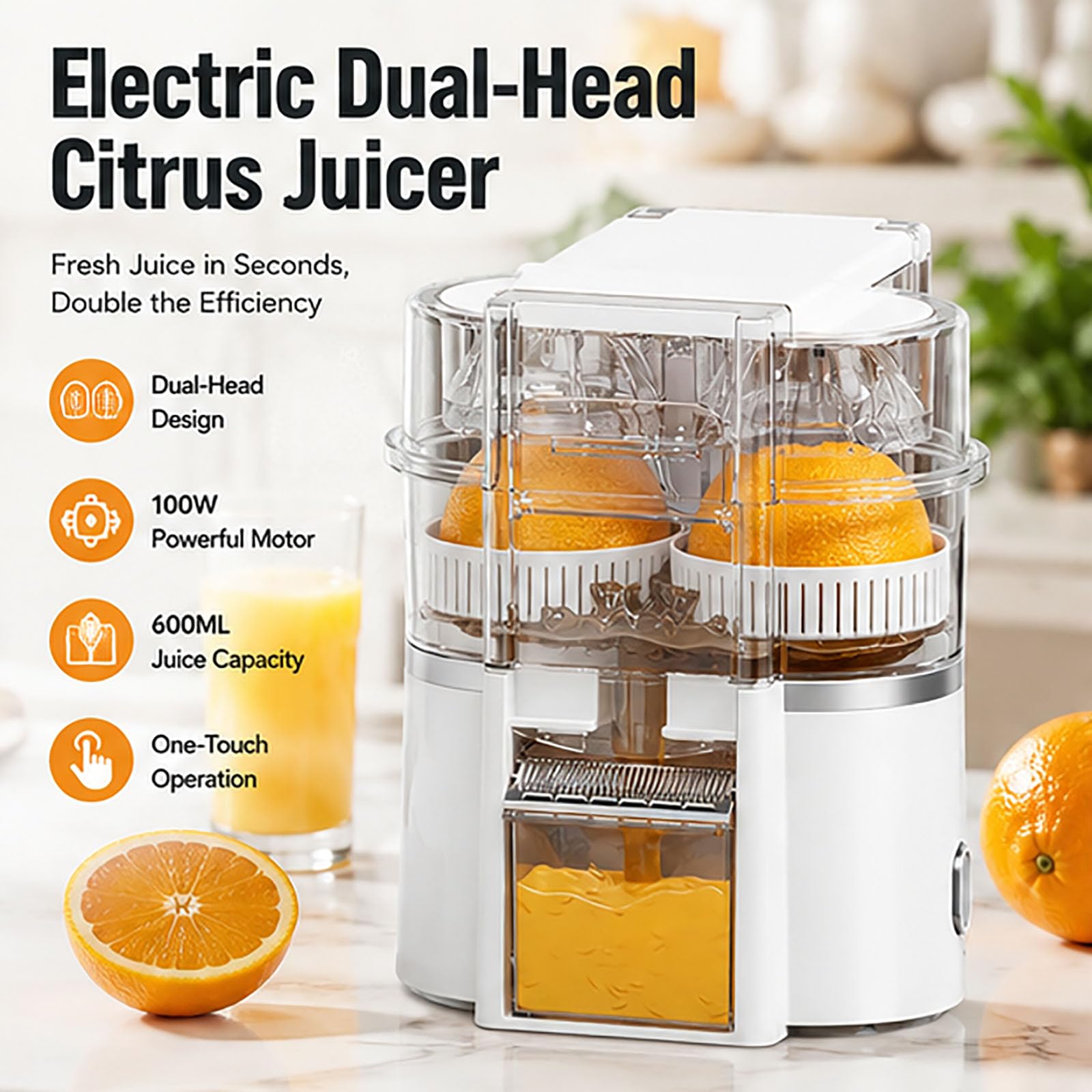 Exprimidor eléctrico de cítricos de doble cabezal, recargable inalámbrico | Exprimidor automático portátil de 100 W, 600 ml, motor de 20000 RPM, alimentado por USB, para uso en naranja(white)
