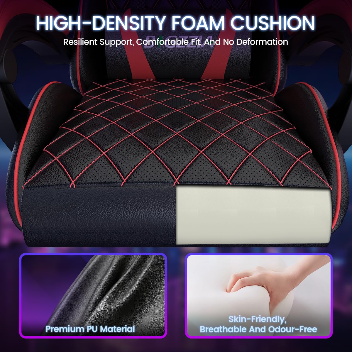 bigzzia Sedie Gaming, Sedie Gaming Ergonomiche con Cuscino Ventilato, Regolazione Angolo 90°-135°, Sedia da Gaming Schienale Alto con Supporto Testa, Ideale per Gaming, Studio e Ufficio (Rosso)