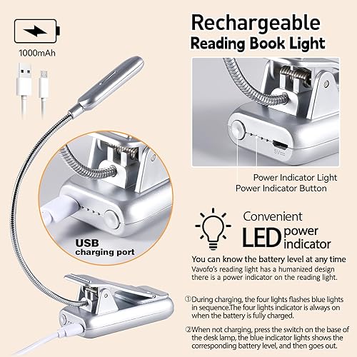 Miniatura 89 de VAVOFO Luz de lectura recargable con clip, 7 LED con 3 temperaturas de color, 9 niveles de brillo, luces de libro para leer en la cama con indicador