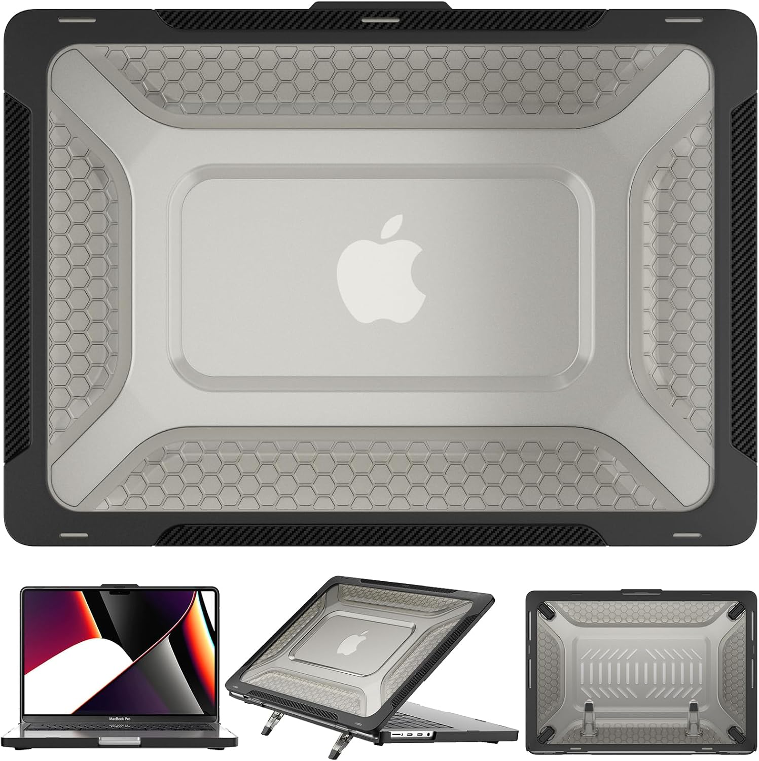 KEROM Heavy Duty Rugged Case for MacBook Pro 14 Inch 2026 M5, 2021-2025 M4 M3 M2 M1 A3427 A3426 A3434 A3112 A3185 A3401 A2918 A2992 A2779 A2442, Honeycomb TPU Bumper Hardshell with Kickstand, Black