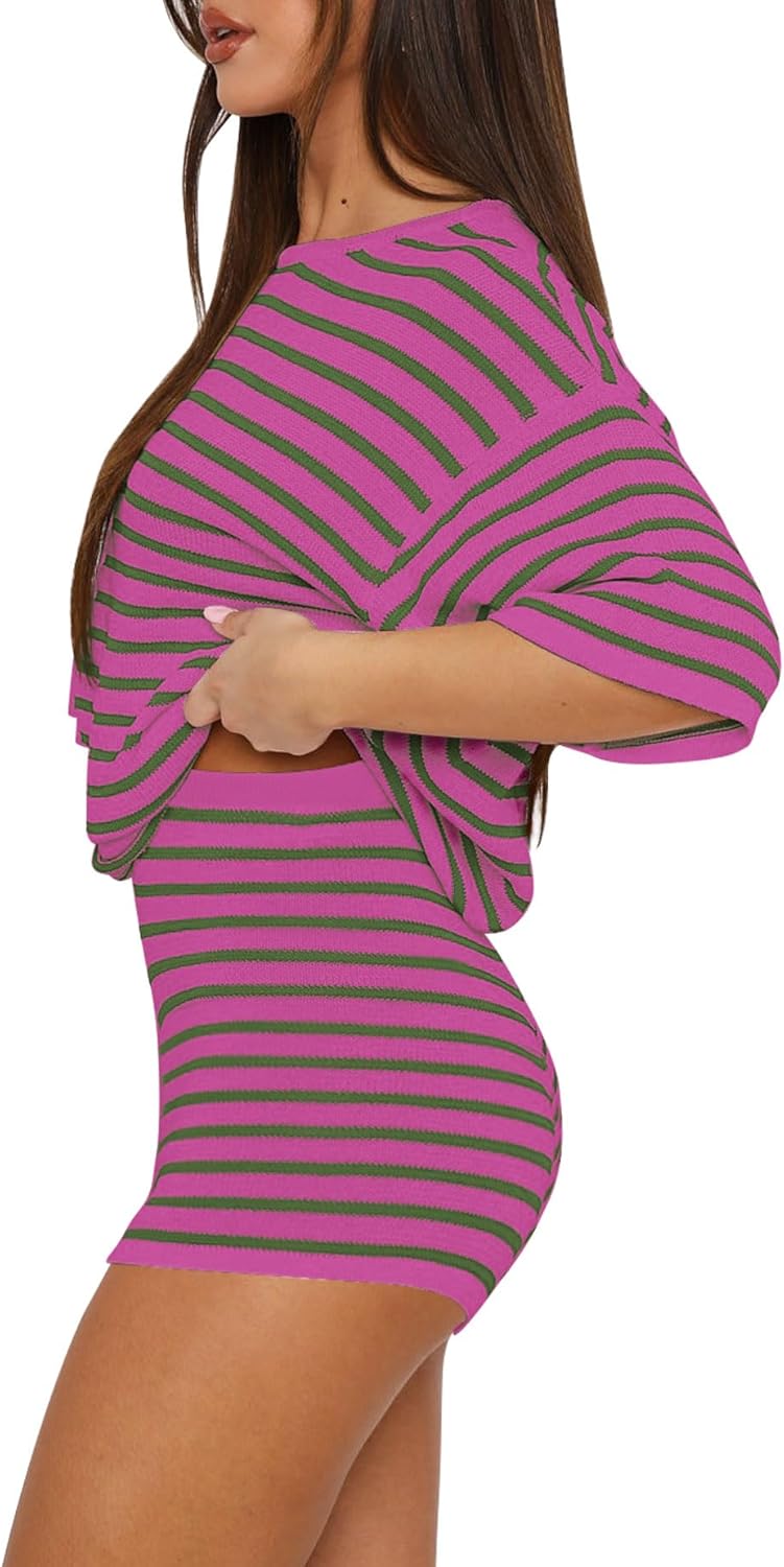Yousify 2 Piece Sweater Set for Womens Summer Short Sleeve Tops Striped Matching Shorts Lounge Sets S-2XL - Image 3