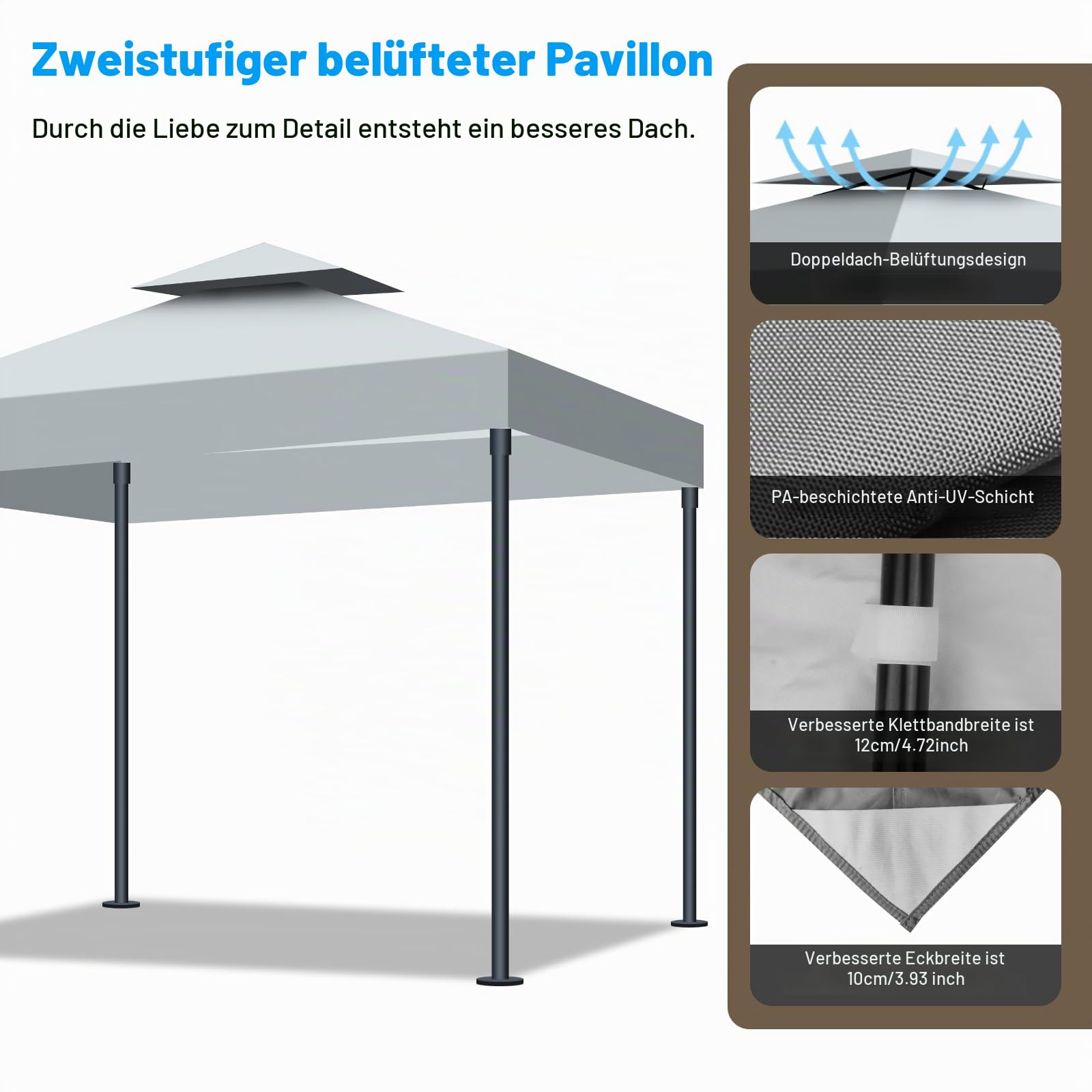 3x3m Pavillon Ersatzdach Wasserdicht Doppeldach mit Air Vent, UV-Beständig, 300D Polyester Gartenpavillon Ersatzbezug Pavillondach für Garten, Camping, Grillen (Grau)