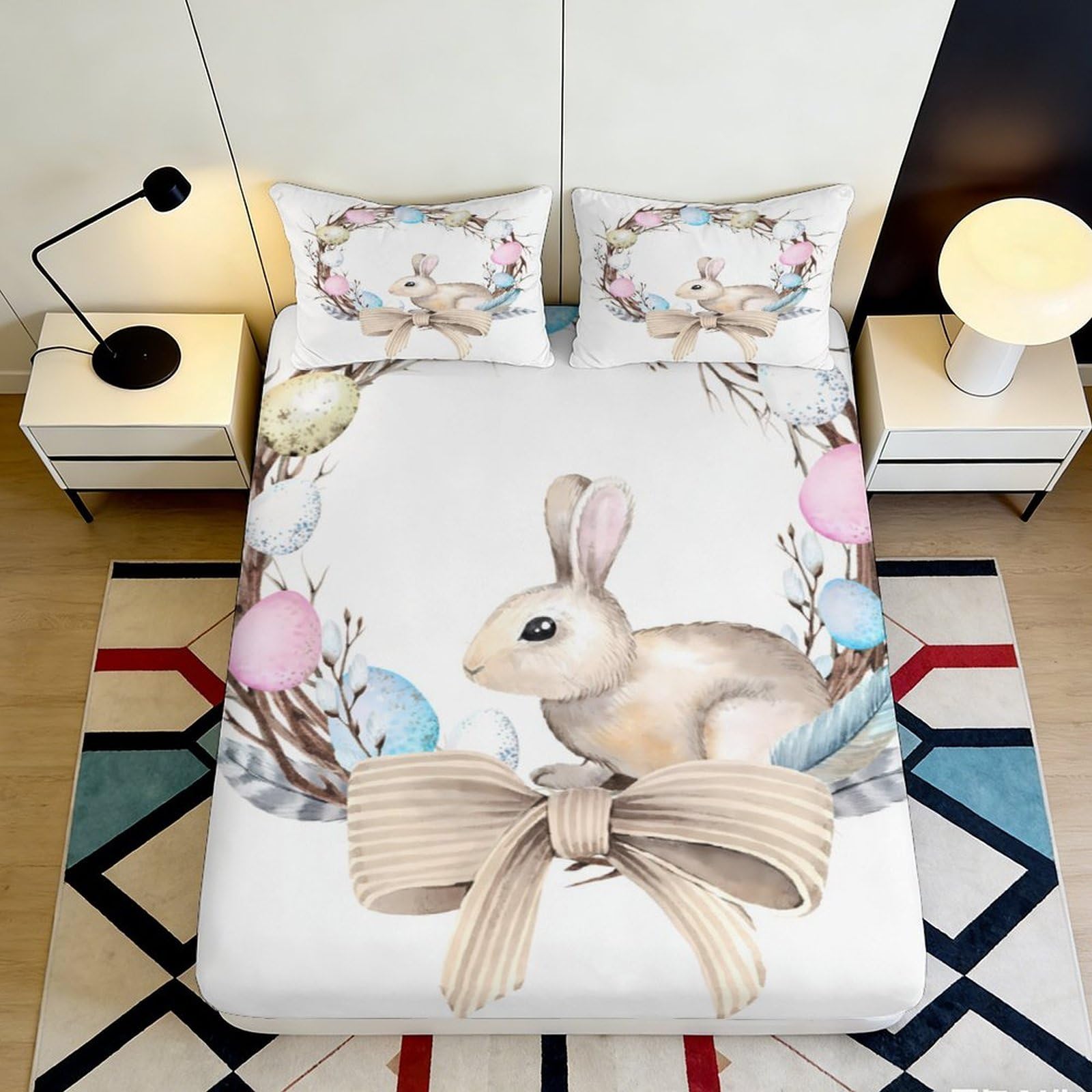 3D Printed Easter Bunny Fitted Sheet Microfiber Soft Breathable Pastel Egg Mattress Cover for Bedroom Dorm Bed Decor 90x200x25cm