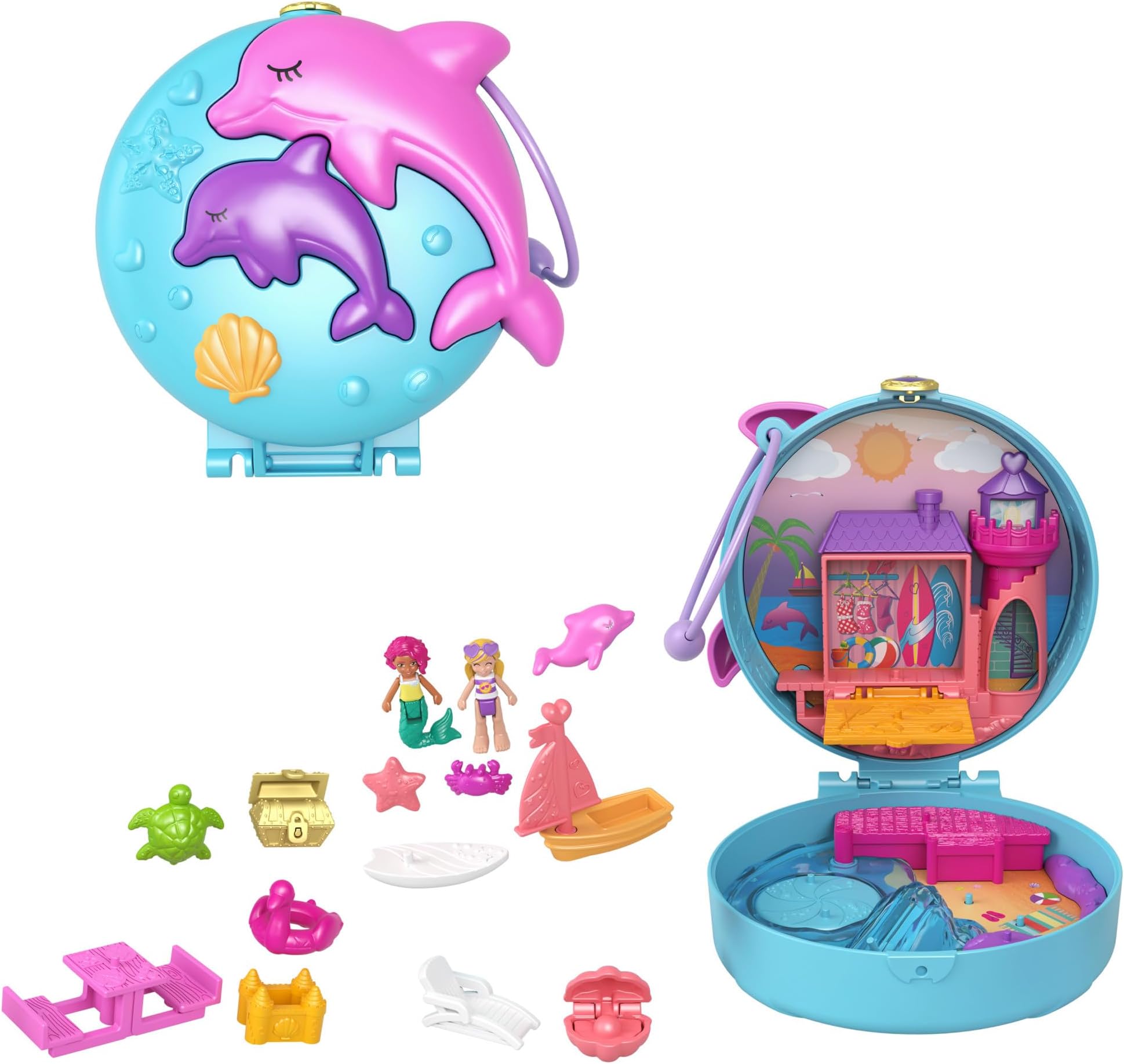 Dolphin Beach Compact, Beach-Adventure Theme with Micro Polly & Mermaid Doll, 5 Reveals & 12 Accessories, Pop & Swap Feature, Great Gift for Ages 4 Years Old & Up, GTN20