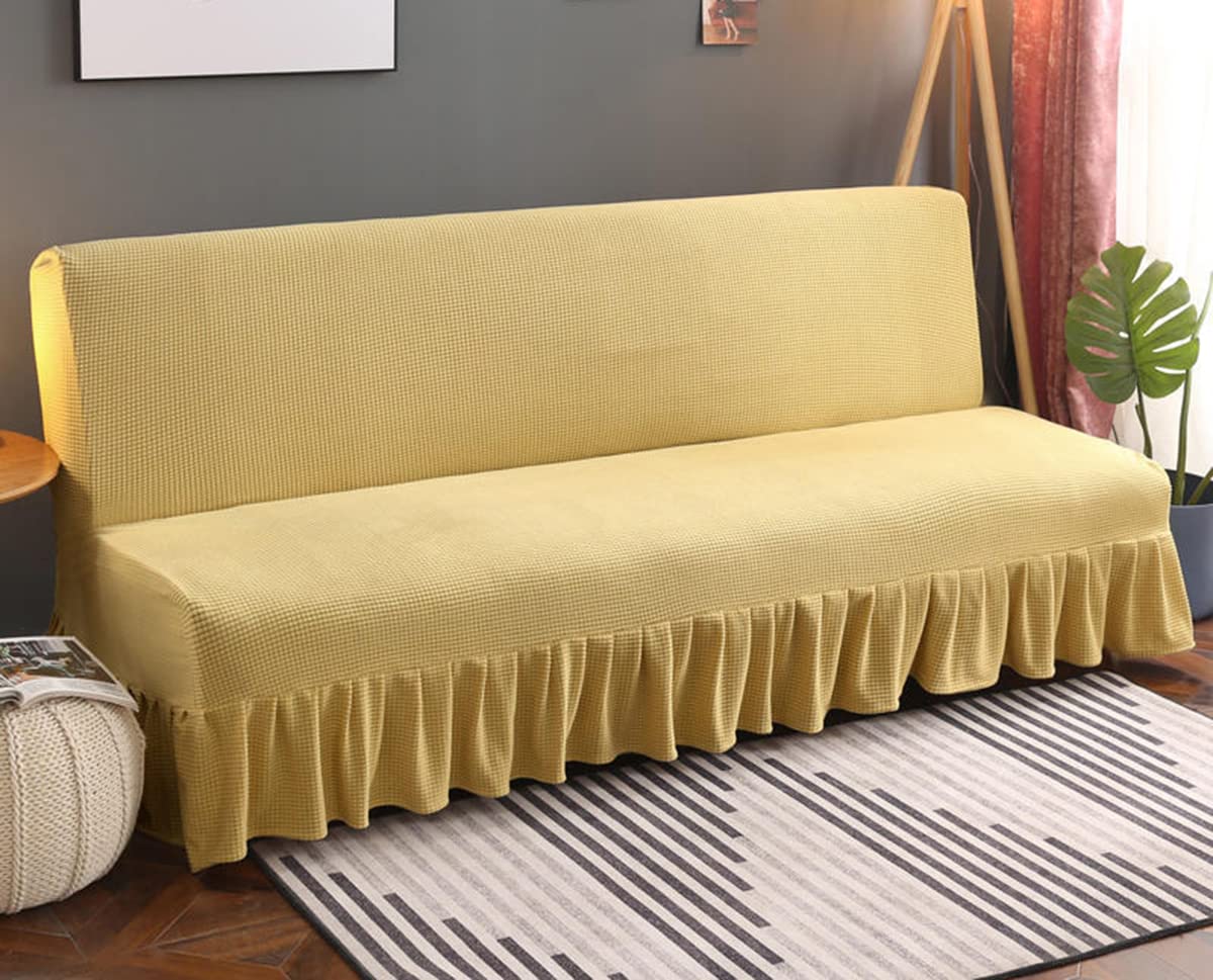 Housse de futon jacquard beige extensible S 120-140cm protection antidérapante volants
