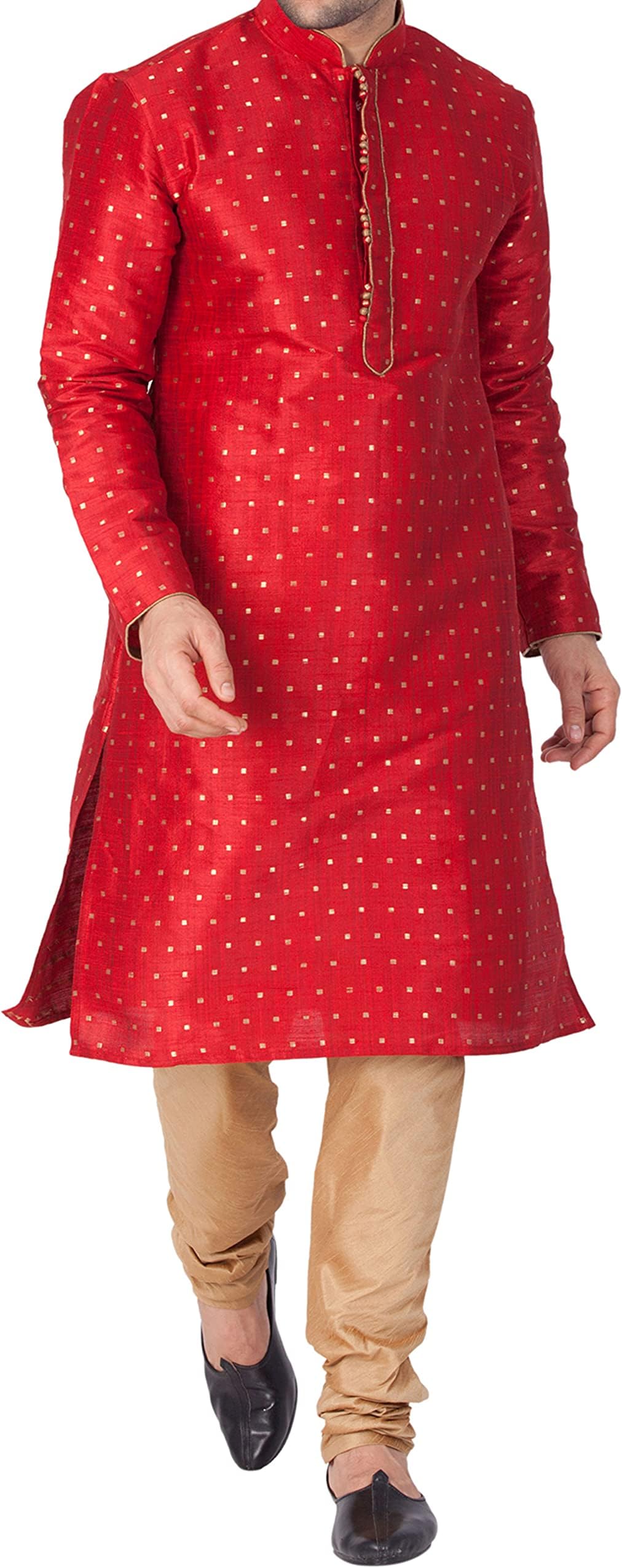 VASTRAMAY Men Silk Blend Solid Vm Egyptian Kurta Pyjama Set - Classic Ethnic Attire For Timeless Style And Cultural Celebrations | Jacquard Woven Zari Work With Shimmer Piping Full Sleeves Kurta