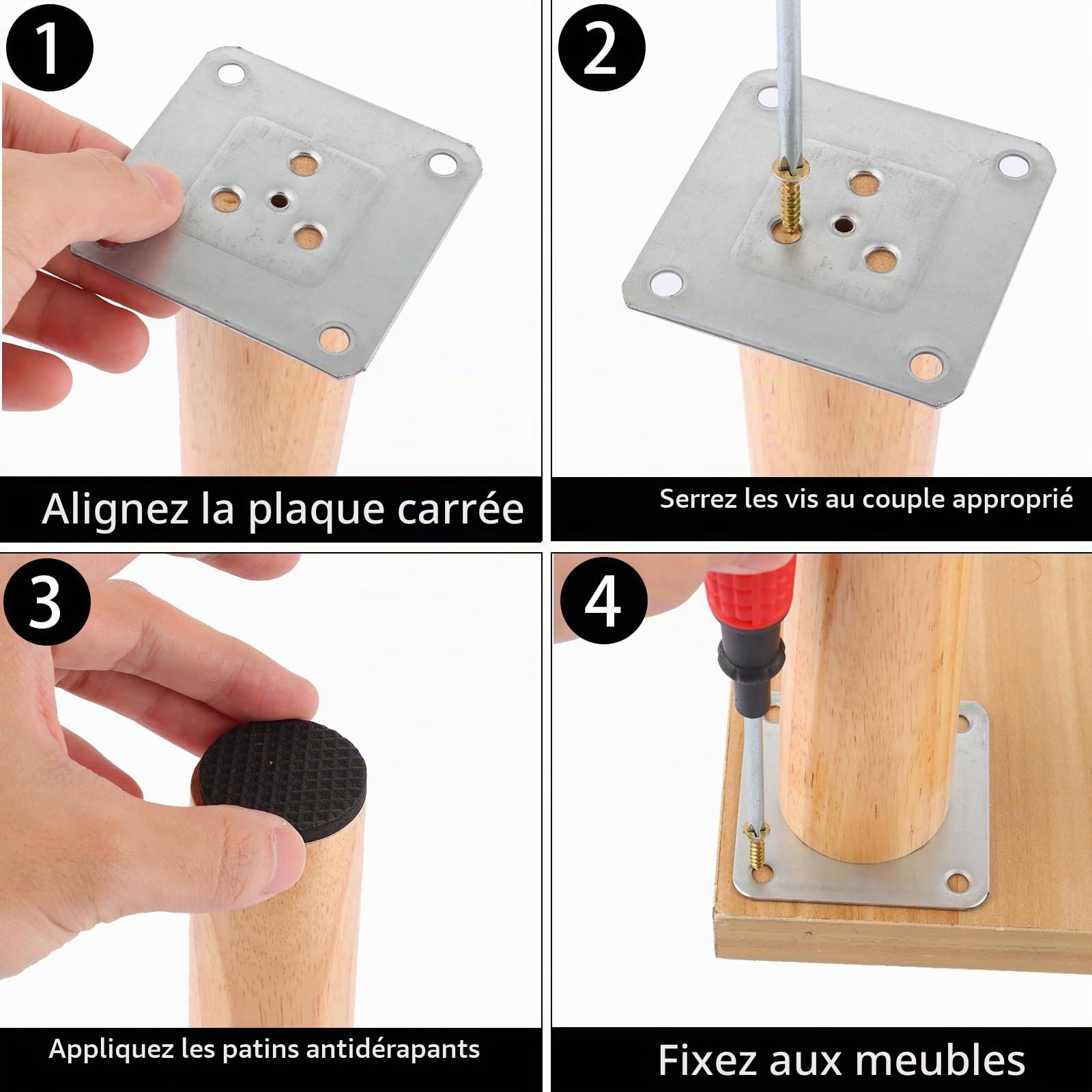 AKOLAFE 4 Pièces Pied de Meuble Bois 25 cm | Pieds de Meuble à Finition Chêne, Plaques et Vis pour Canapé, Lit, Fauteuil, Table Basse, Armoire ou Commode