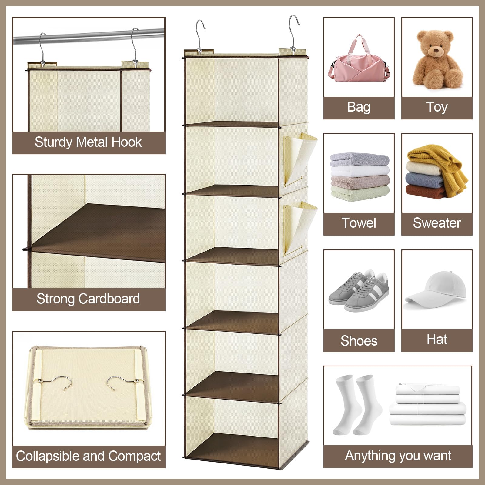 Leinuosen Regal mit 6 Etagen, Hängeregale für Schrank mit 2 stabilen Haken zur Aufbewahrung, für Wohnheim, 3 Stück, faltbar (Beige)