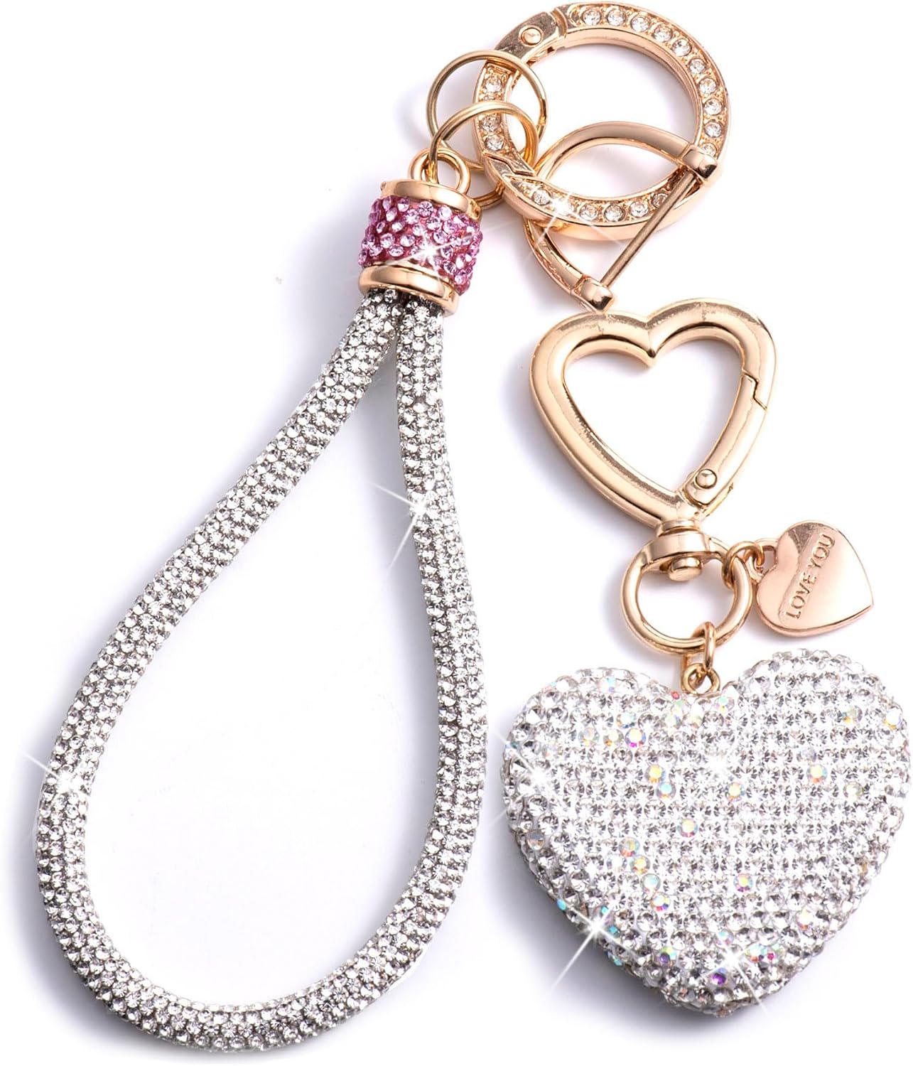 Cute Heart Keychains for Women, Bling Key chain Accessories Girly Wristlet Keychain for Car Keys, Backpack pom pom