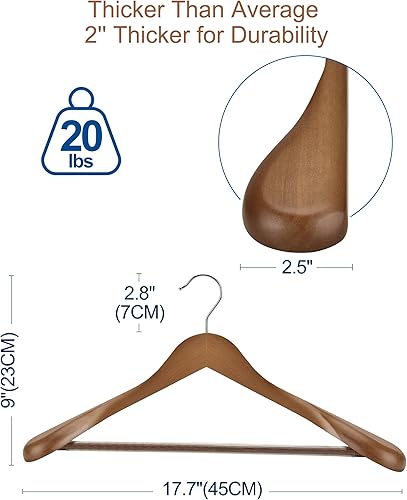 Miniatura 9 de HOUSE DAY Perchas de madera con hombros anchos, perchas para trajes con barra antideslizante para pantalones, acabado liso, gancho giratorio de 360,