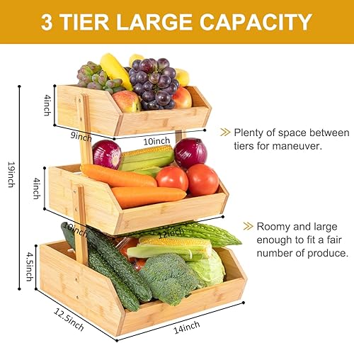 Miniatura 4 de Cesta de frutas de bambú, cesta de frutas de 3 niveles para cocina, cesta de productos de gran capacidad para almacenamiento de frutas y verduras,