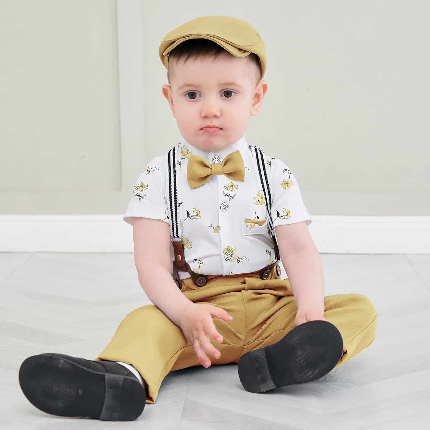 Baby Boy Clothes Suits 3-24M Infant Gentleman Outfits, Short Sleeve Shirt+Bowtie+Beret+Suspender Pants Clothing Set - Image 2