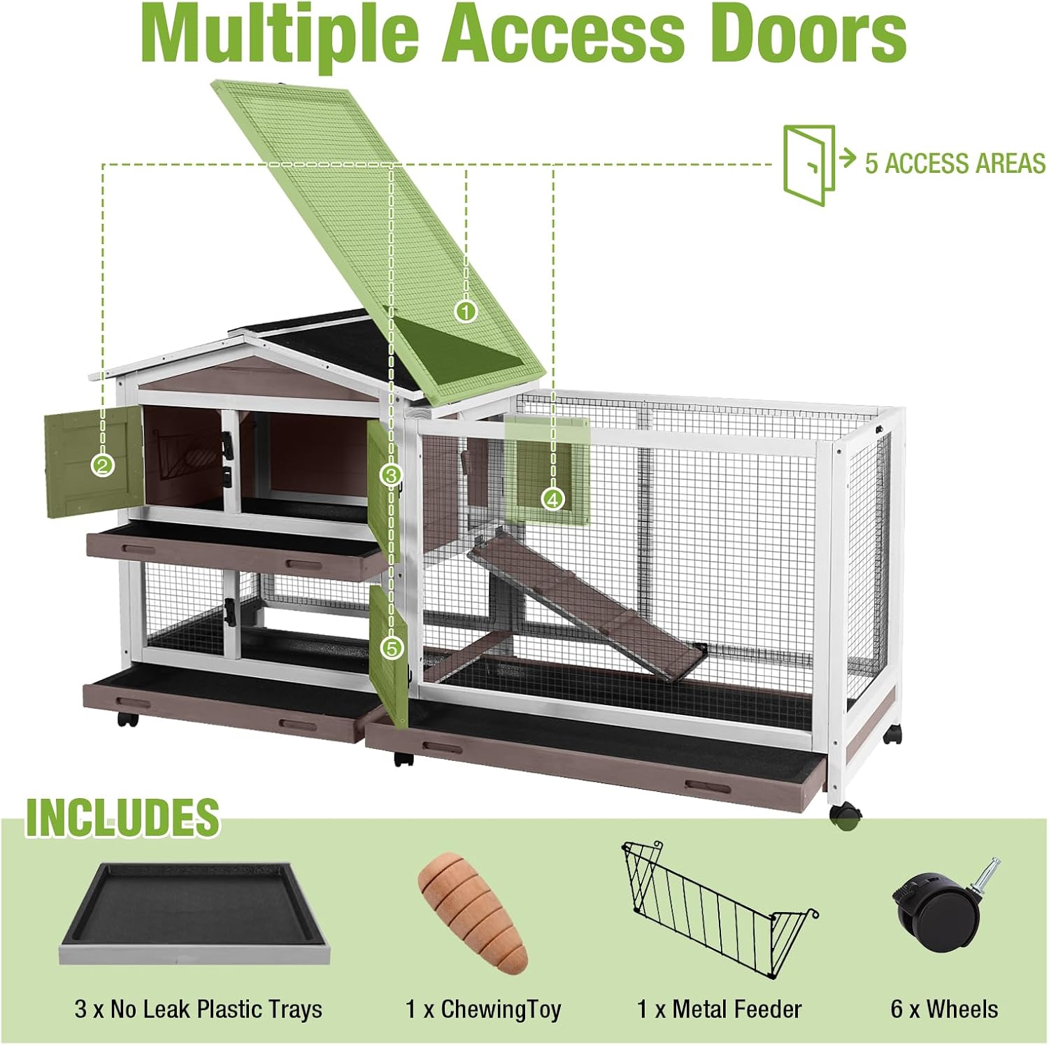 Rabbit Hutch Indoor Outdoor, 62" Wooden Rabbit Cage with 6 Lockable Wheels, Bunny Cage with Pull Out Trays, Waterproof Asphalt Roof, Small Animal House for Rabbits, Guinea Pigs, Chinchillas