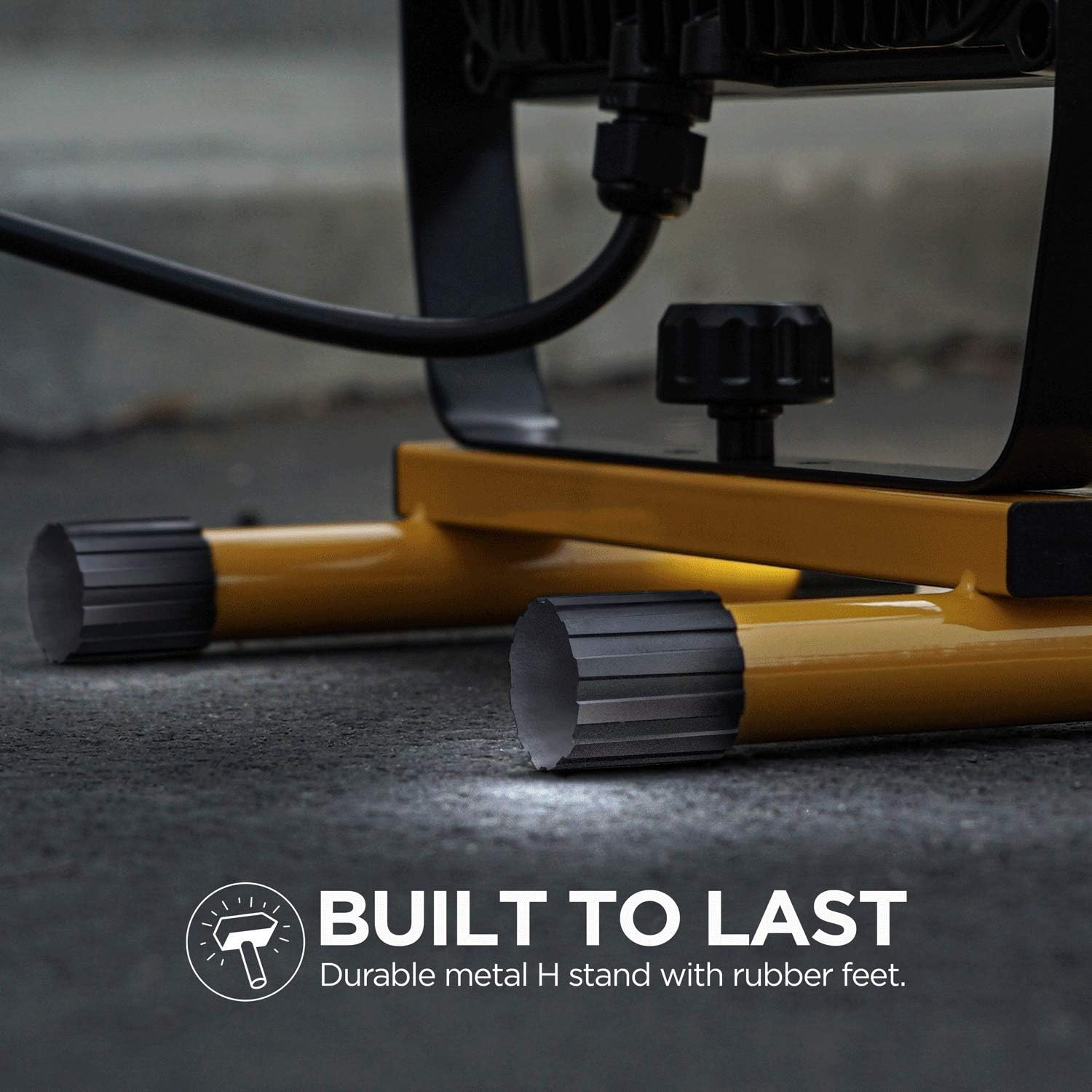 Close-up of the durable metal H-stand with rubber feet