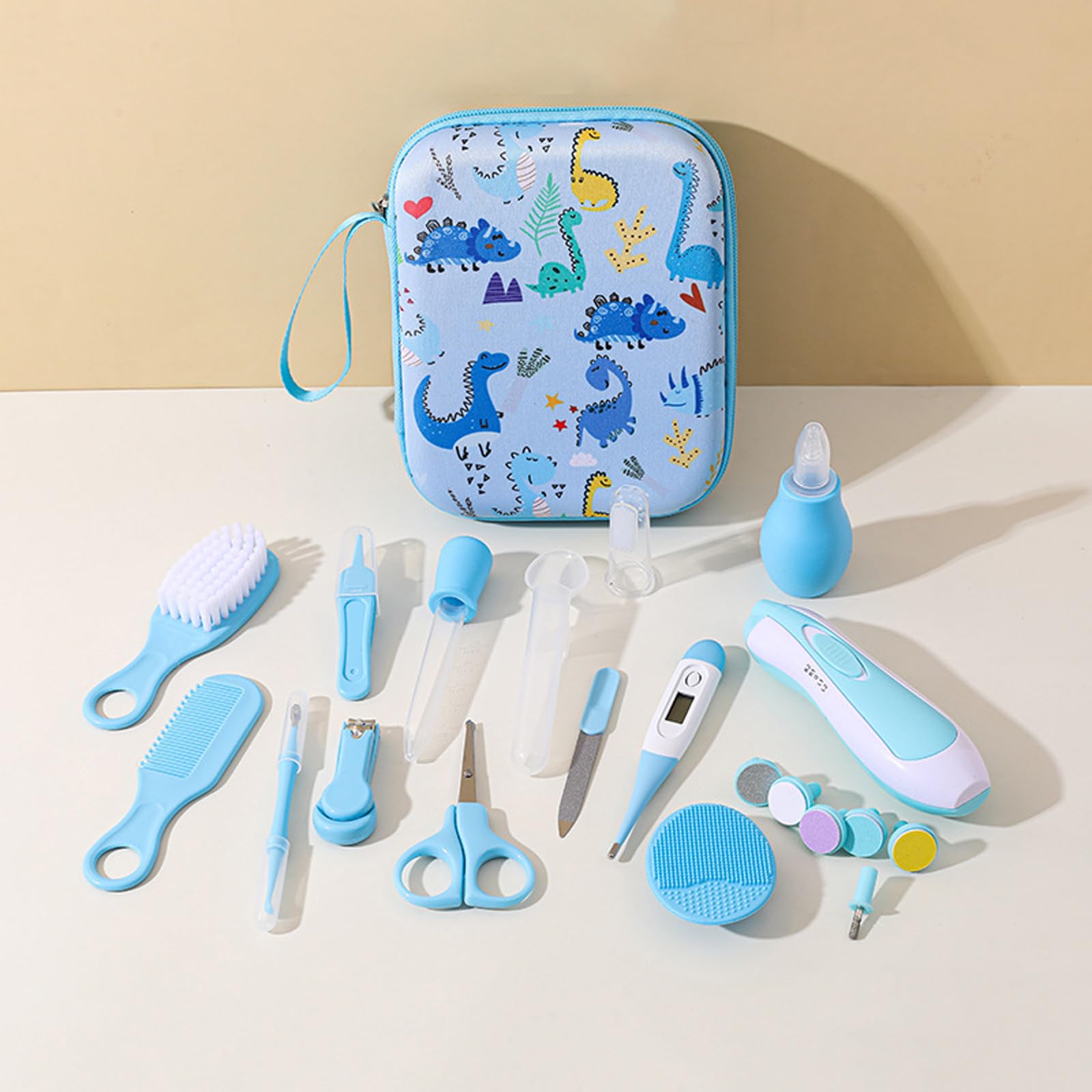 Liemuao Trousse de Soin Bébé, Compact et Portable, Kit Complet 16 Accessoires dont Thermomètres, Coupe-Ongles, Brosse, Trousse de Toilette Bébé pour les Voyages et la Maison Garcon Fille (Bleu)