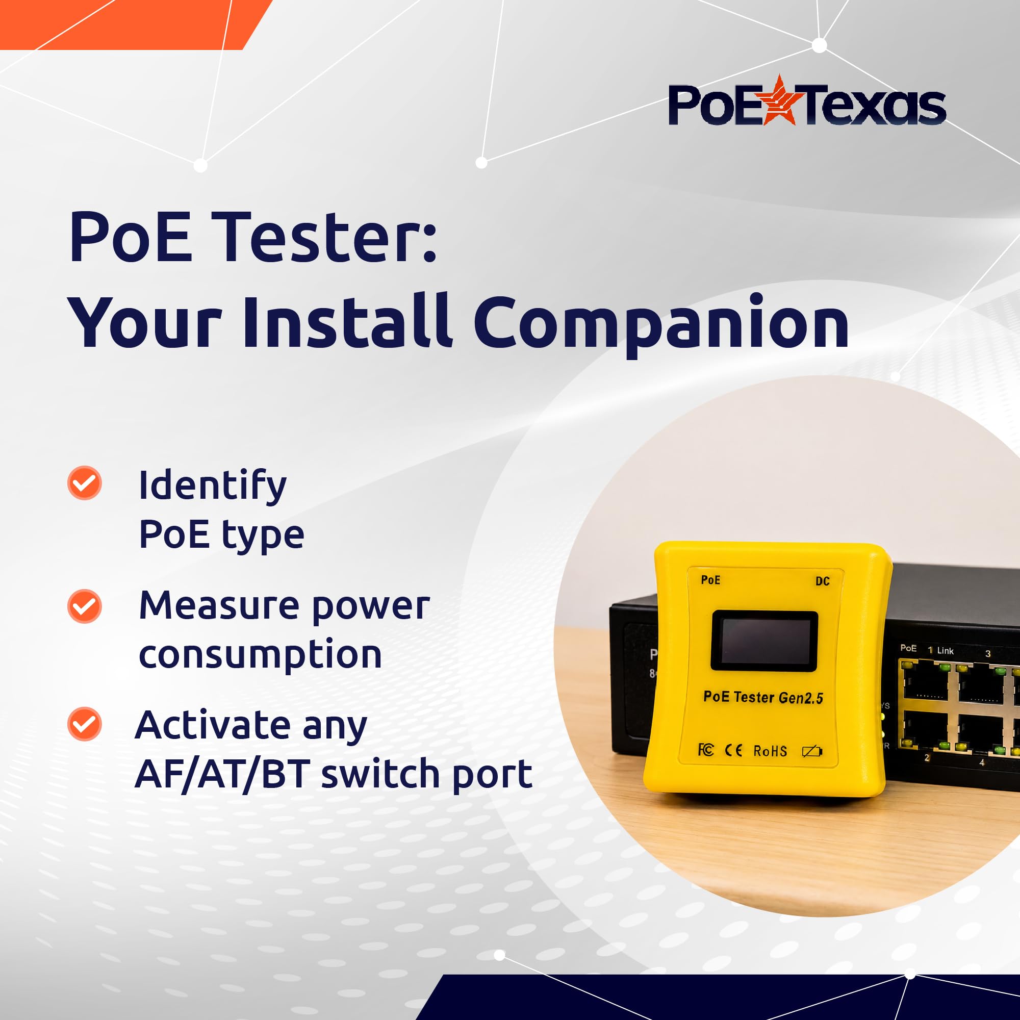 Inline Power over Ethernet Spannungs-, Strom-, Leistungsmessgerät - PoE-Tester mit Gigabit-Daten, 802.3af und 802.3at