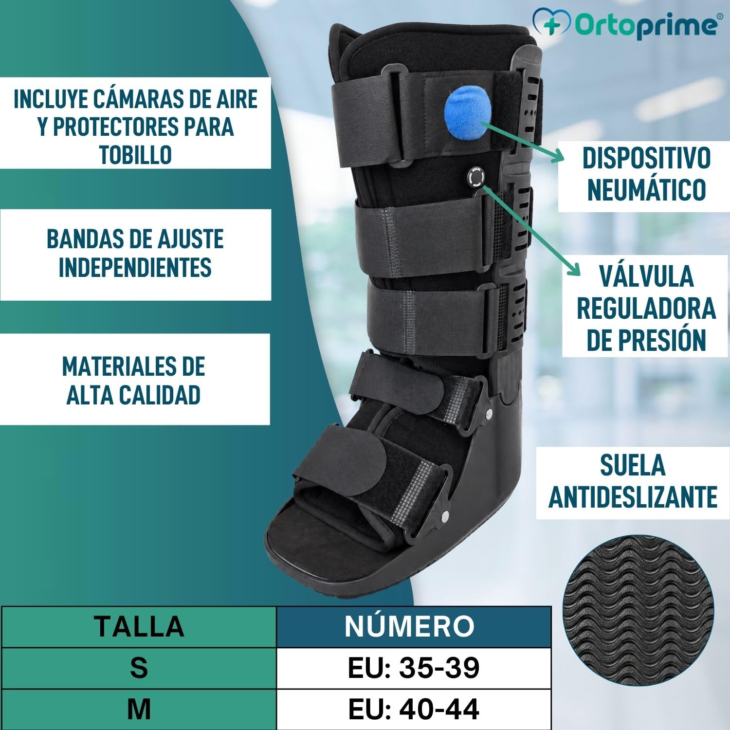 OrtoPrime Bota Walker Larga Fija BILATERAL con CÁMARA DE AIRE bota Ortopédica walker Larga para FRACTURAS Botas Walker Alta Ajuste Neumático con Válvula - Bota Inmovilizadora de Tobillo (M 40-44)