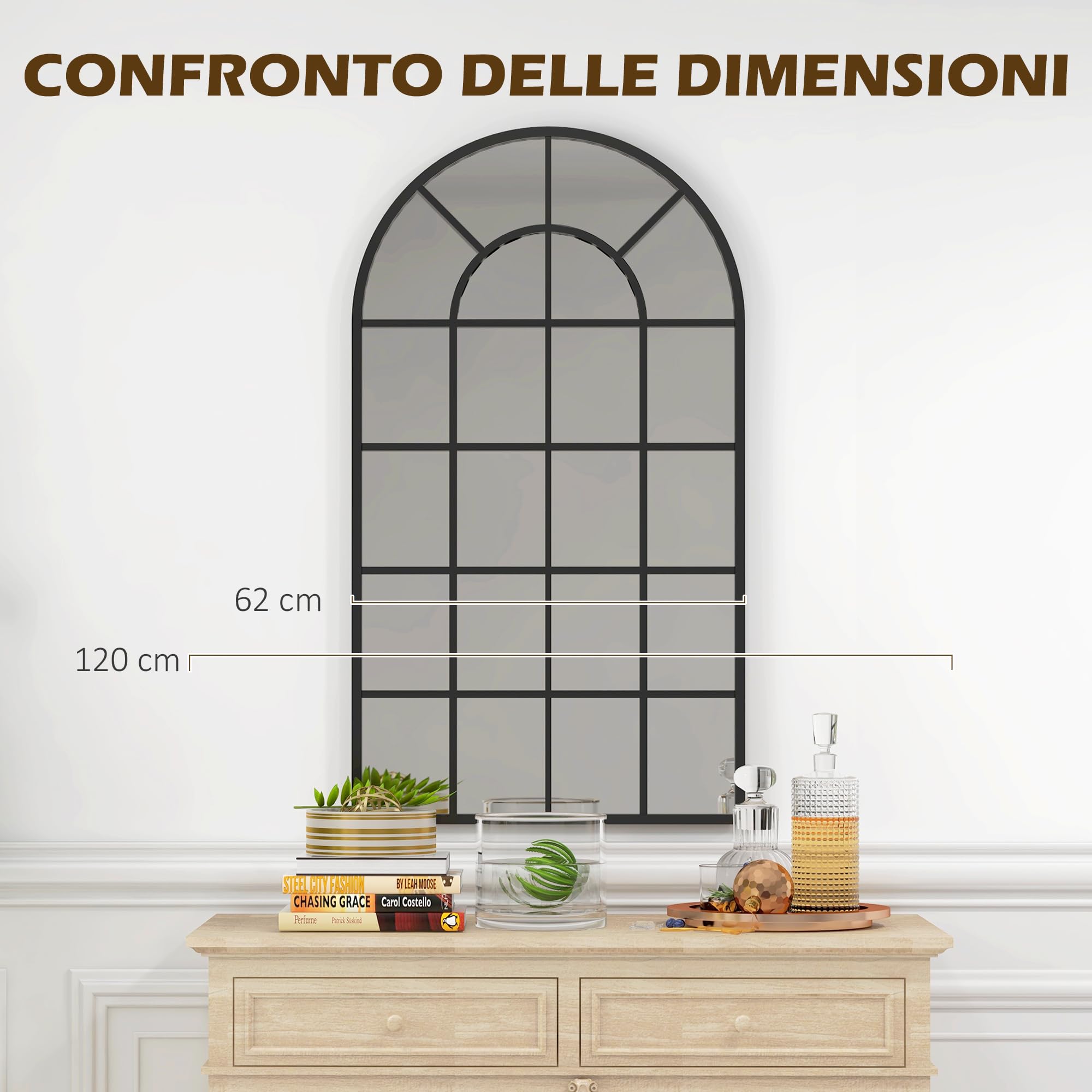 HOMCOM Specchio da Parete e da Appoggio 62x2.5x110 cm Nero | Specchio ad Arco per Casa e Ufficio, Metallo