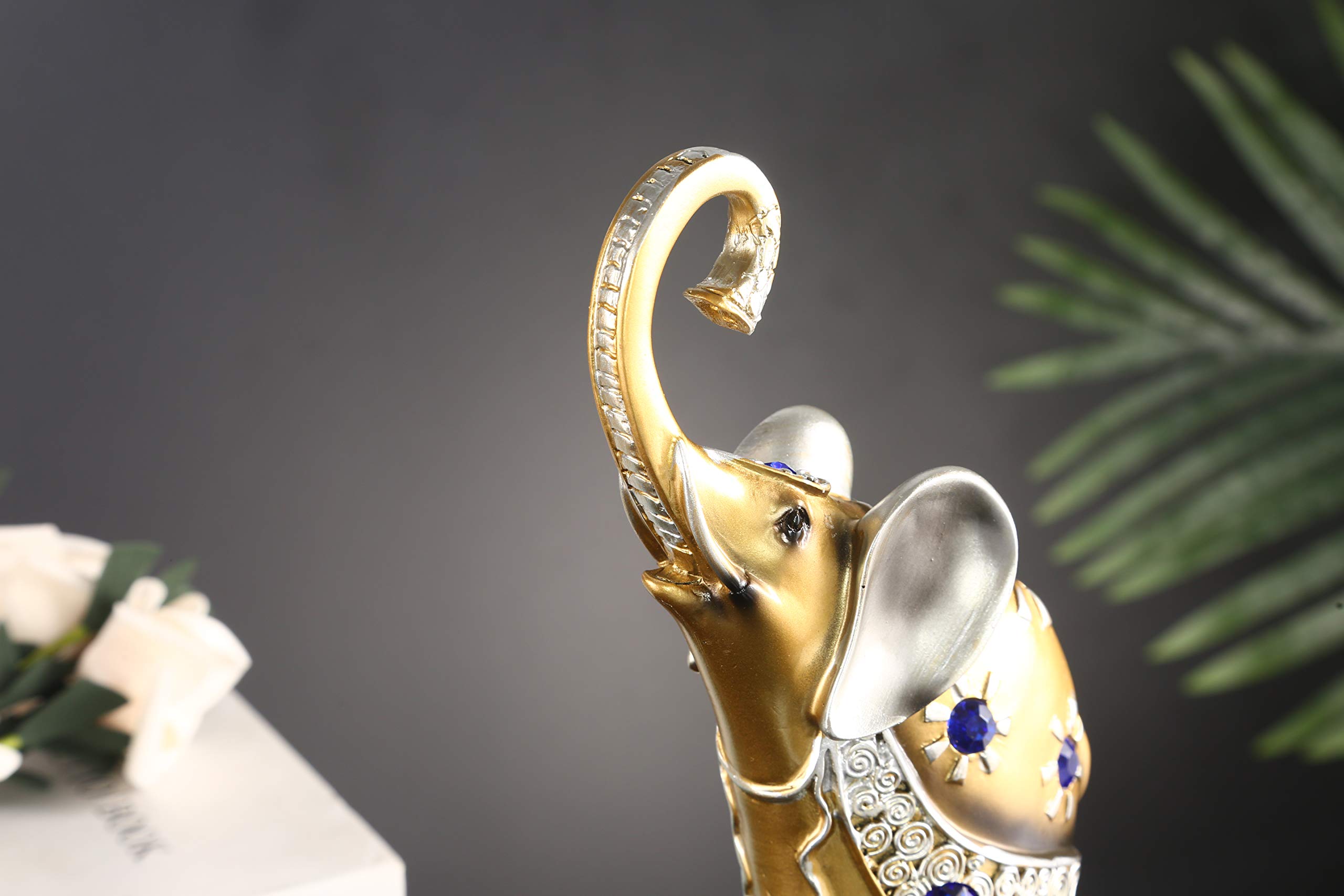 Mose Cafolo Zestaw 2 szt. para dużych 30 cm wysokości złotych Feng Shui tajskich posągów słonia figurki z pięknym niebieskim klejnotem bogactwo szczęśliwa figurka prezent i wystrój domu