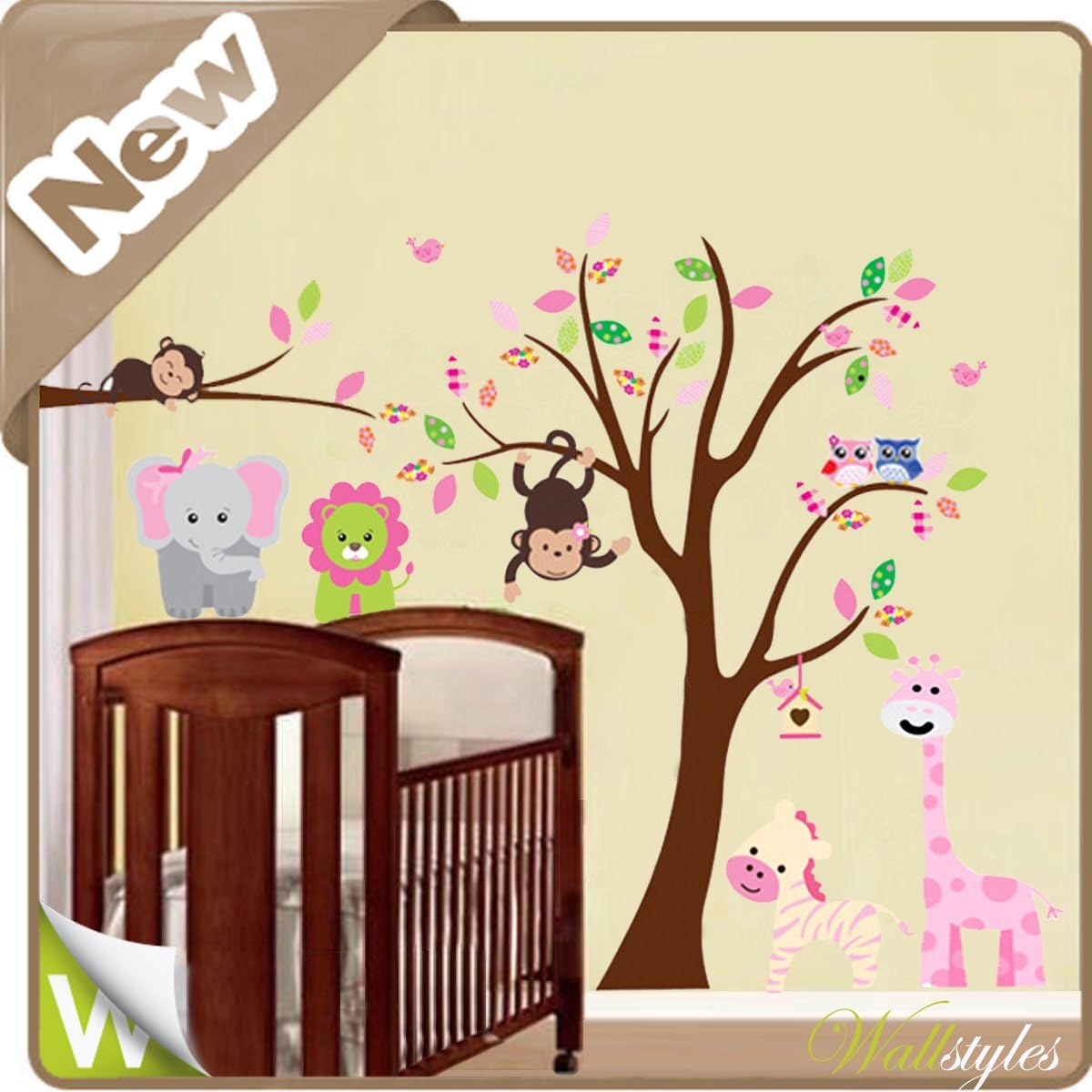 Amazon.com: JUNGLE ANIMALS TREE Lion Giraffe Monkey Owl Wall Stickers ...