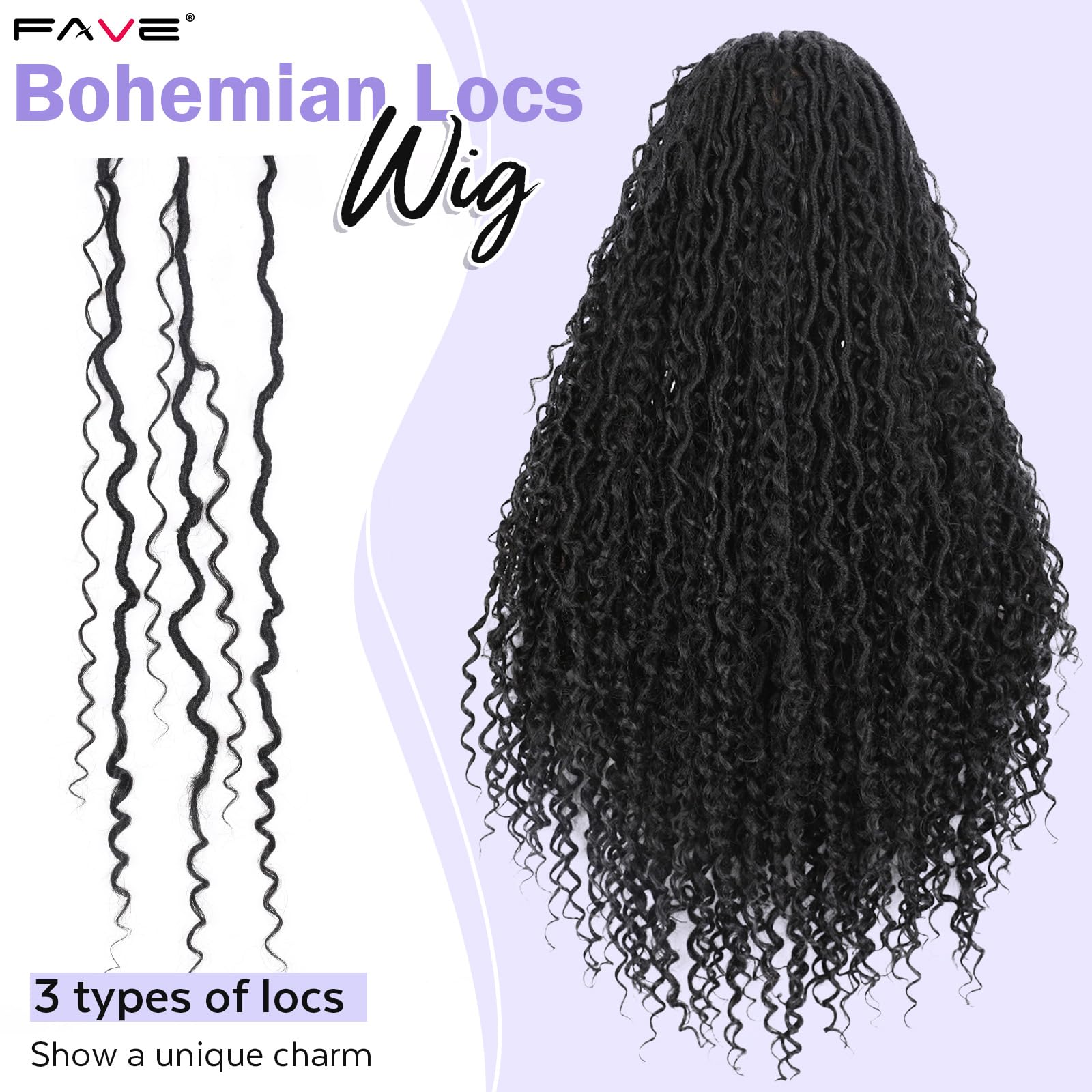 FAVE Synthetische Zopfperücke, Vollspitze, Boho Locs - Schwarz