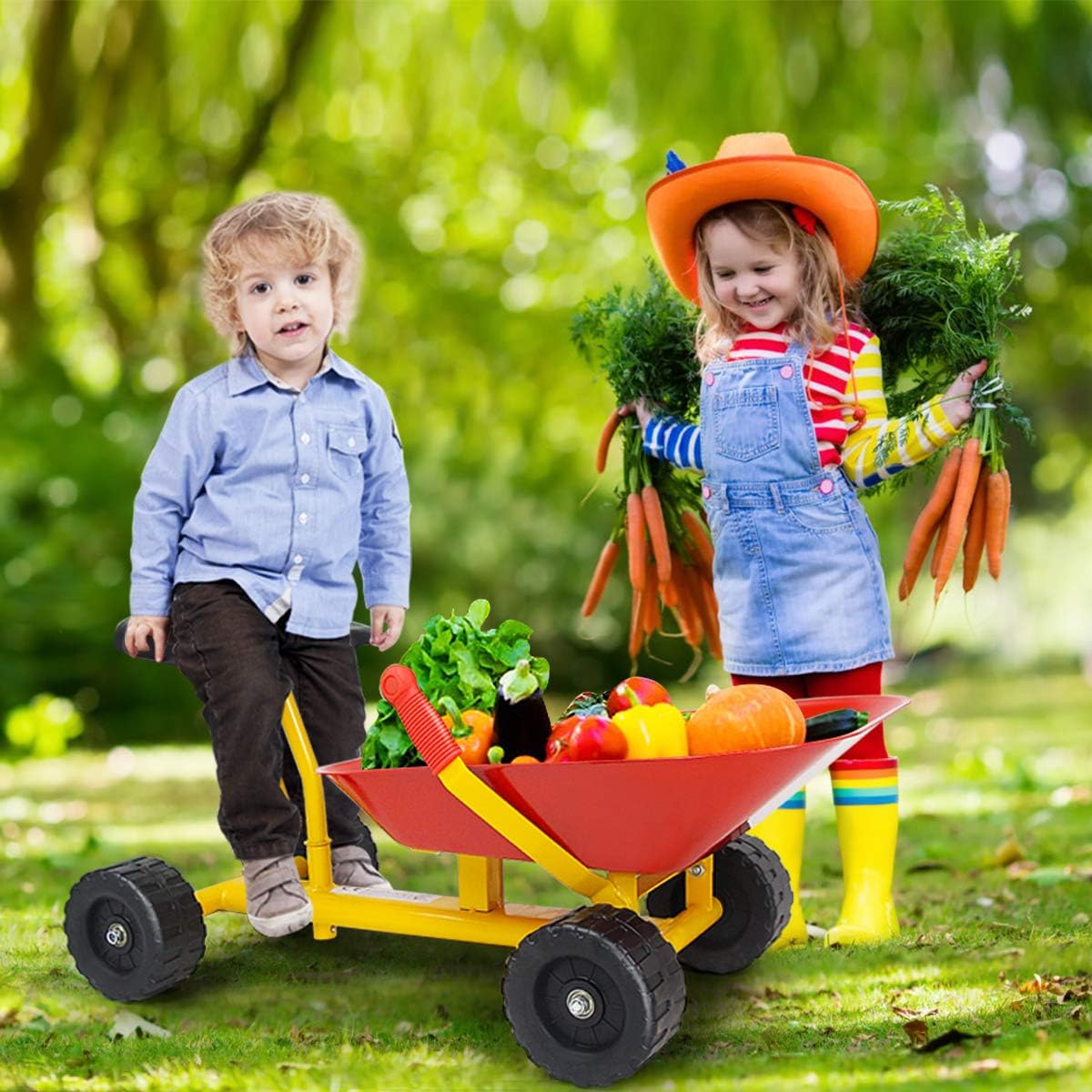 Costzon Kids Ride-on Sand Dumper, Children Outdoor Sandbox Toy w/Ergonomic Handle & 4 Wheels, Heavy Duty Steel Digging Metal Garden Play Tool for Boys Girls, Kids Wheelbarrow (Red)